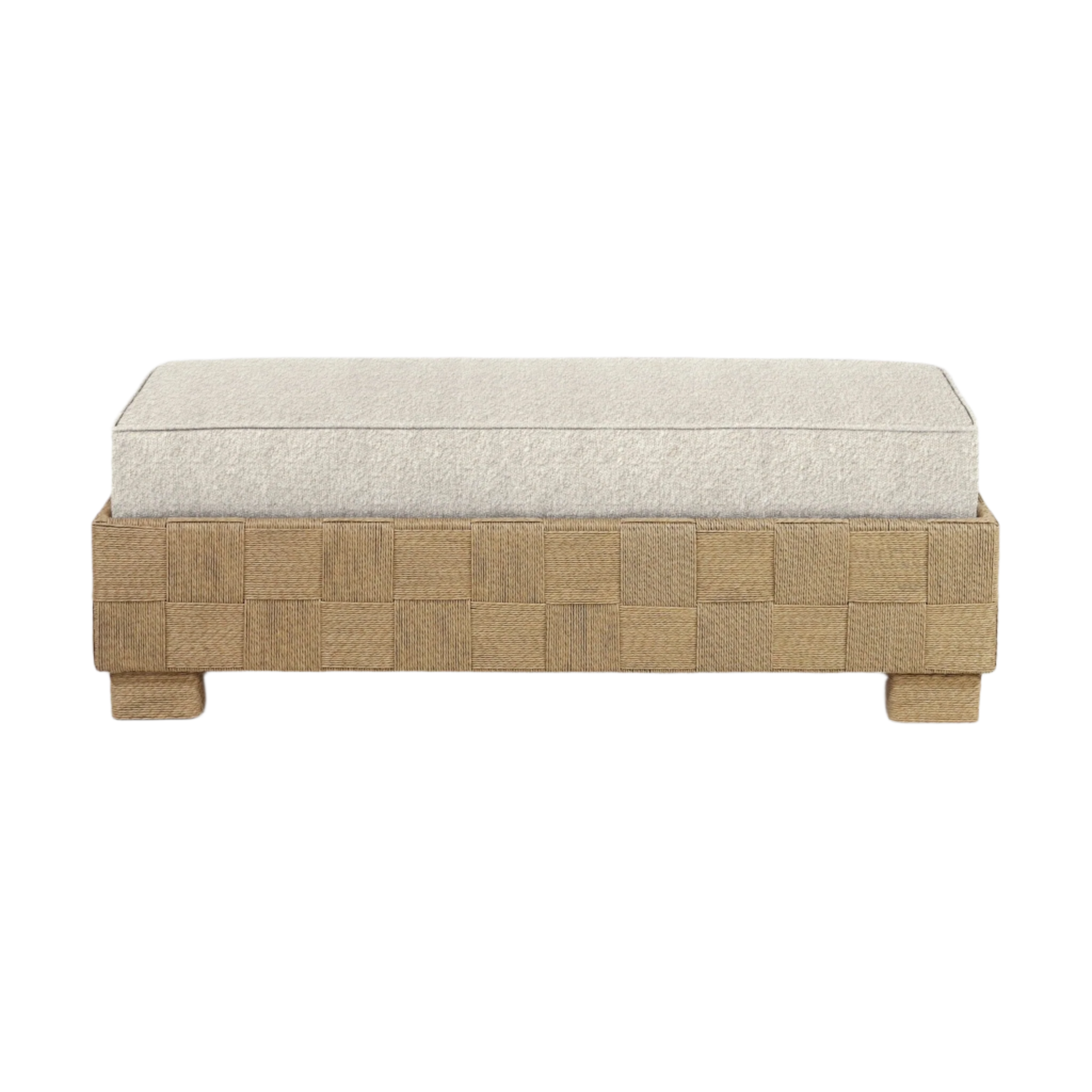 Low rectangular bench with a cream-beige boucle upholstered cushion set on a natural woven wood base with a checkerboard basketweave pattern and short block legs.