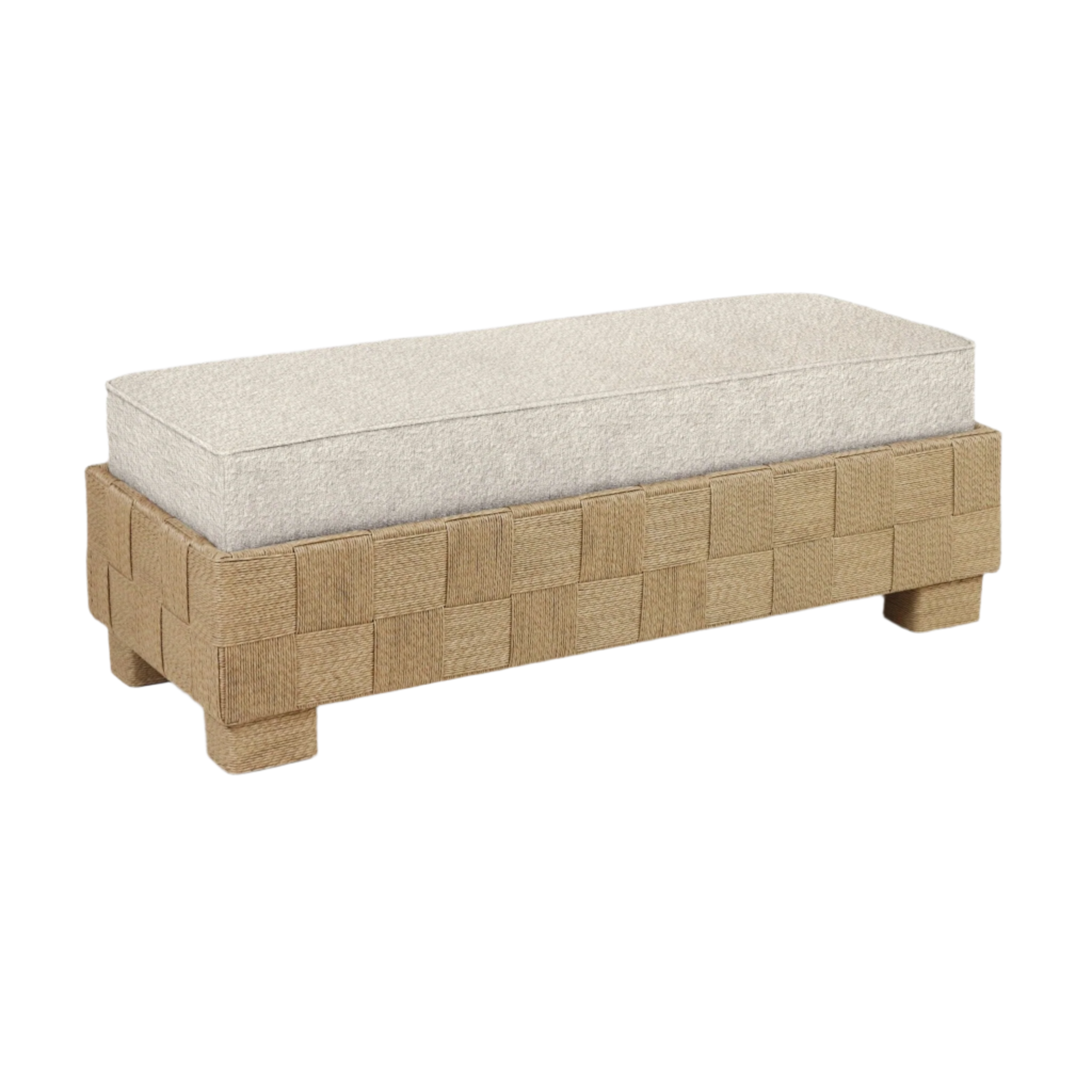 59-inch end-of-bed bench with an off-white boucle upholstered cushion sitting on a low natural woven seagrass wood base with block feet, modern neutral design for living room or entryway.