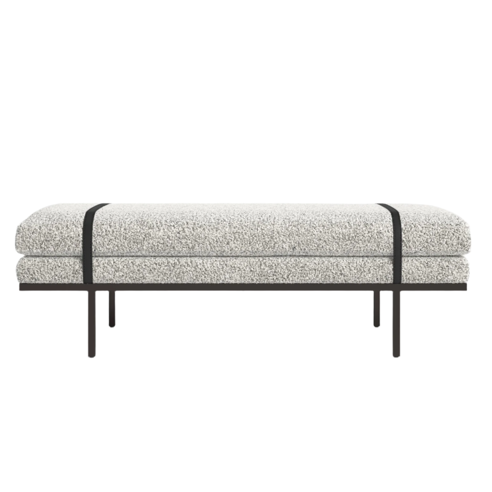 59-inch natural bouclé upholstered end-of-bed bench with stacked cushioned seat, contrasting dark wood base and slim legs, and two black straps running across the cushion.
