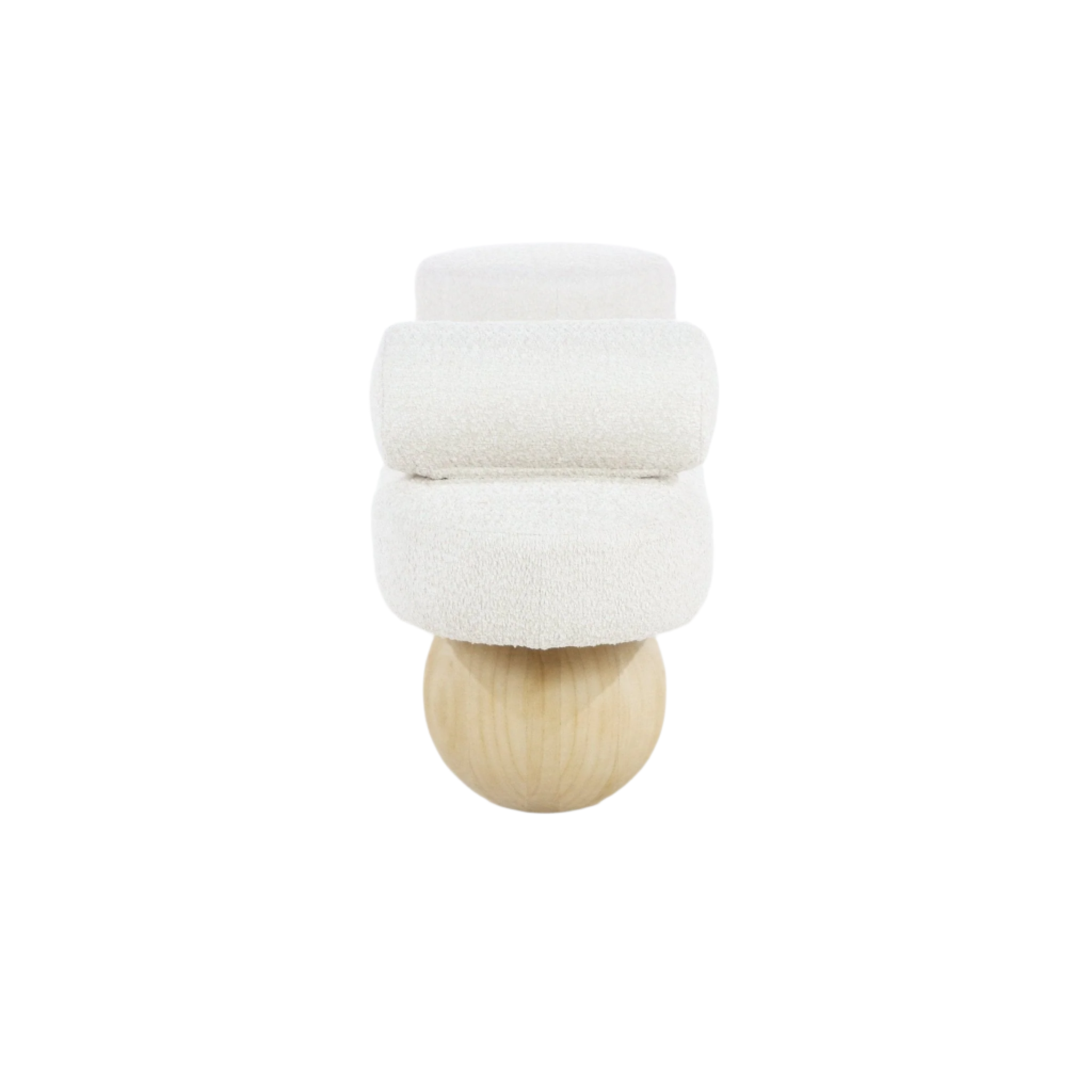 Front view of a cream boucle-upholstered bench cushion stack resting on a round natural solid wood ball leg against a white background.