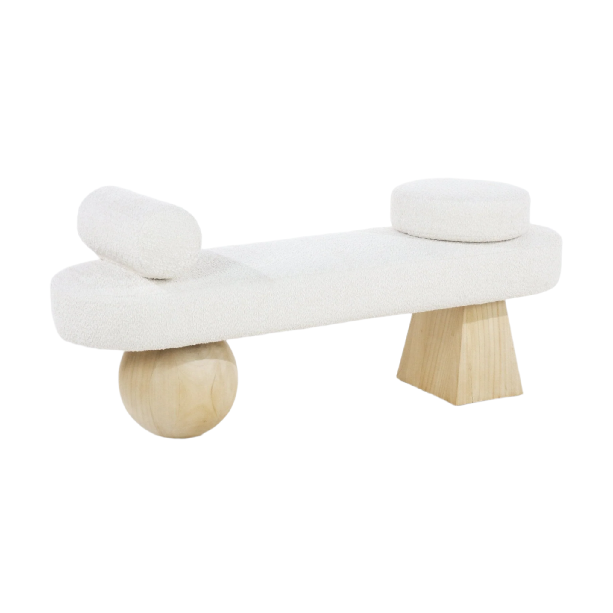 59-inch cream boucle upholstered bench with a round cushion and a cylindrical bolster, supported by natural solid wood legs — a spherical foot on one side and a tapered block on the other.