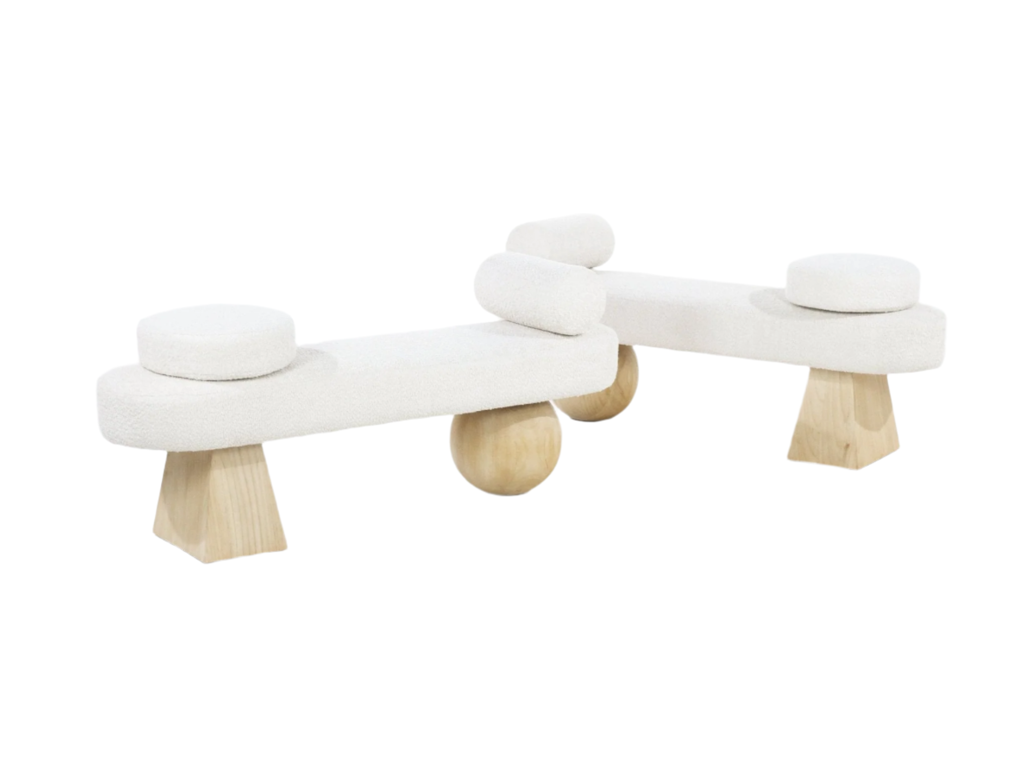 59-inch cream boucle upholstered end-of-bed bench with round cushion pads and cylindrical bolsters, supported by light solid-wood spherical and tapered block legs in a coastal-contemporary style.