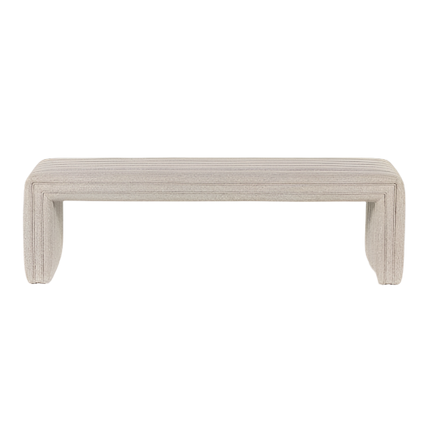 59-inch fabric-upholstered end-of-bed bench in neutral beige boucle with a continuous curved silhouette and low profile, suited for modern coastal or contemporary bedrooms.