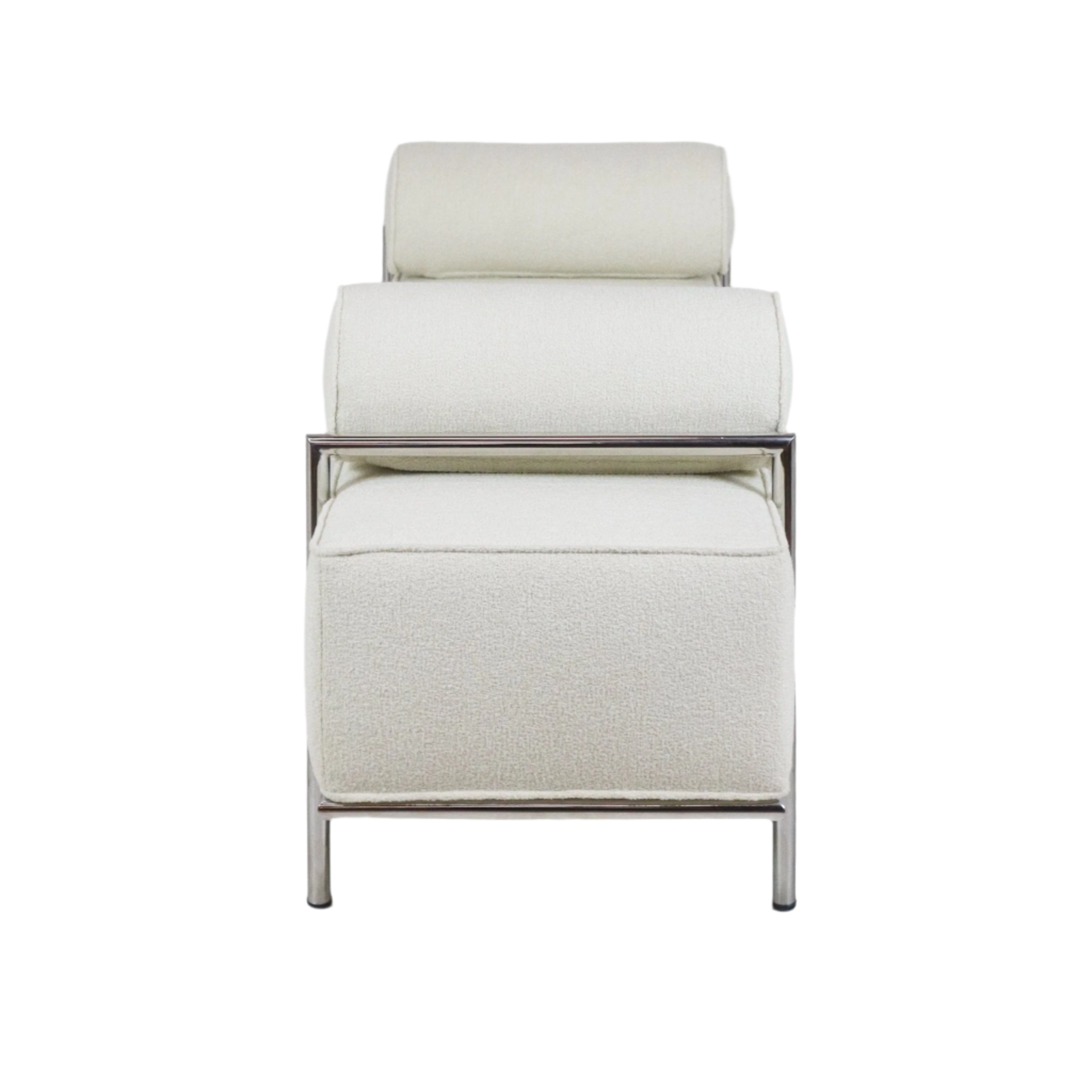 Front view of a modern end-of-bed bench upholstered in white boucle fabric with stacked cylindrical bolster cushions and a polished stainless-steel frame and legs.