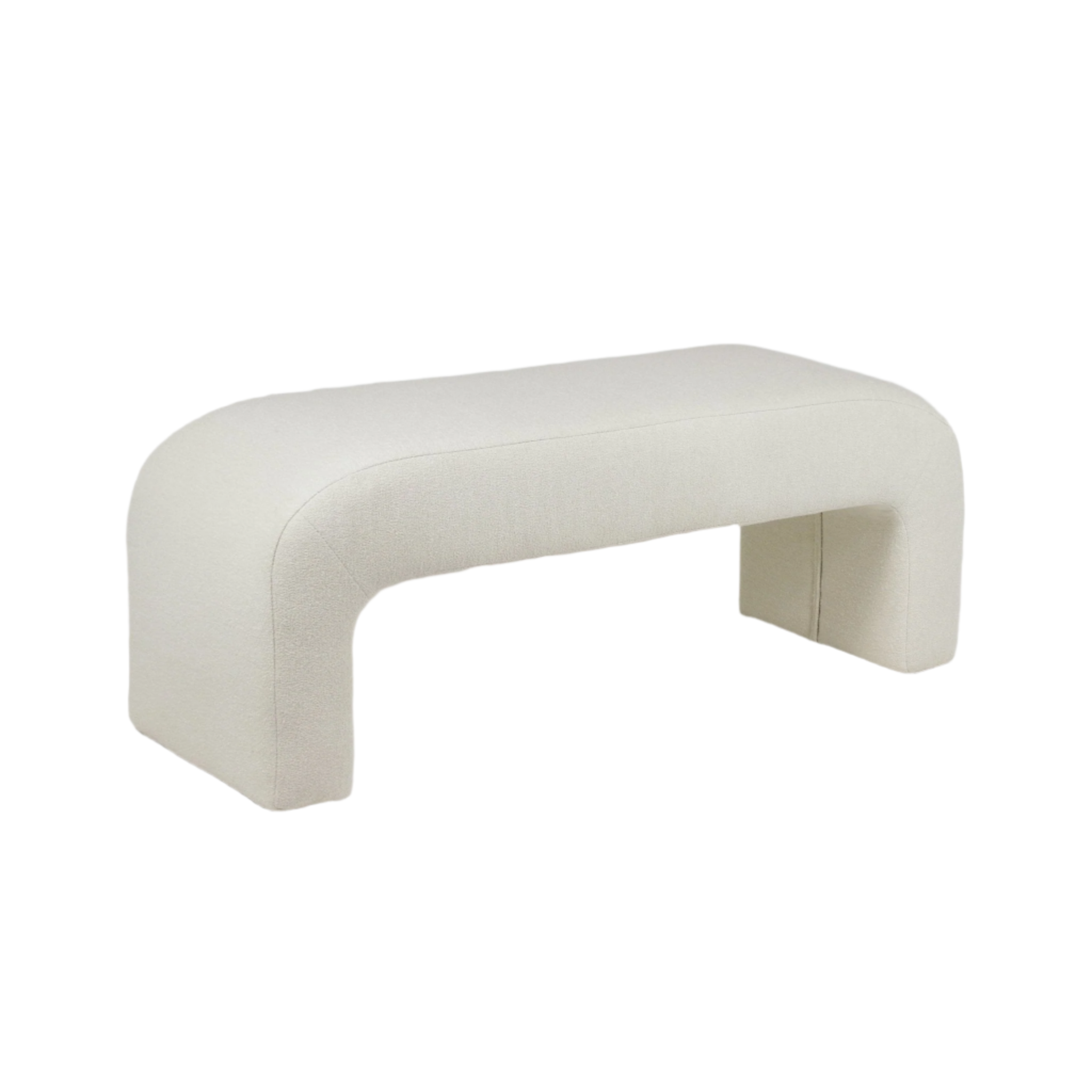 75-inch cream boucle upholstered end-of-bed bench with rounded corners, arched open base and low-profile minimalist silhouette for bedroom or entryway.