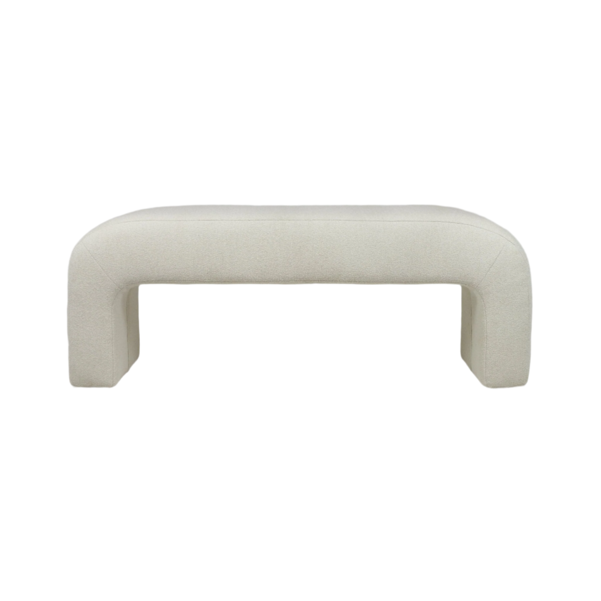 75-inch cream boucle upholstered end-of-bed bench with rounded corners and integrated arched legs, minimalist contemporary coastal-style seating.