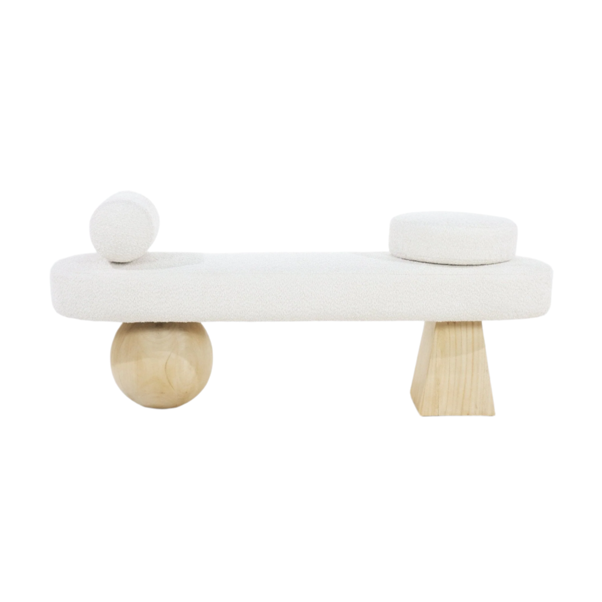 75-inch white boucle-upholstered end-of-bed bench with two round cushions and sculptural natural wood legs, one spherical and one tapered block, in a contemporary coastal style.