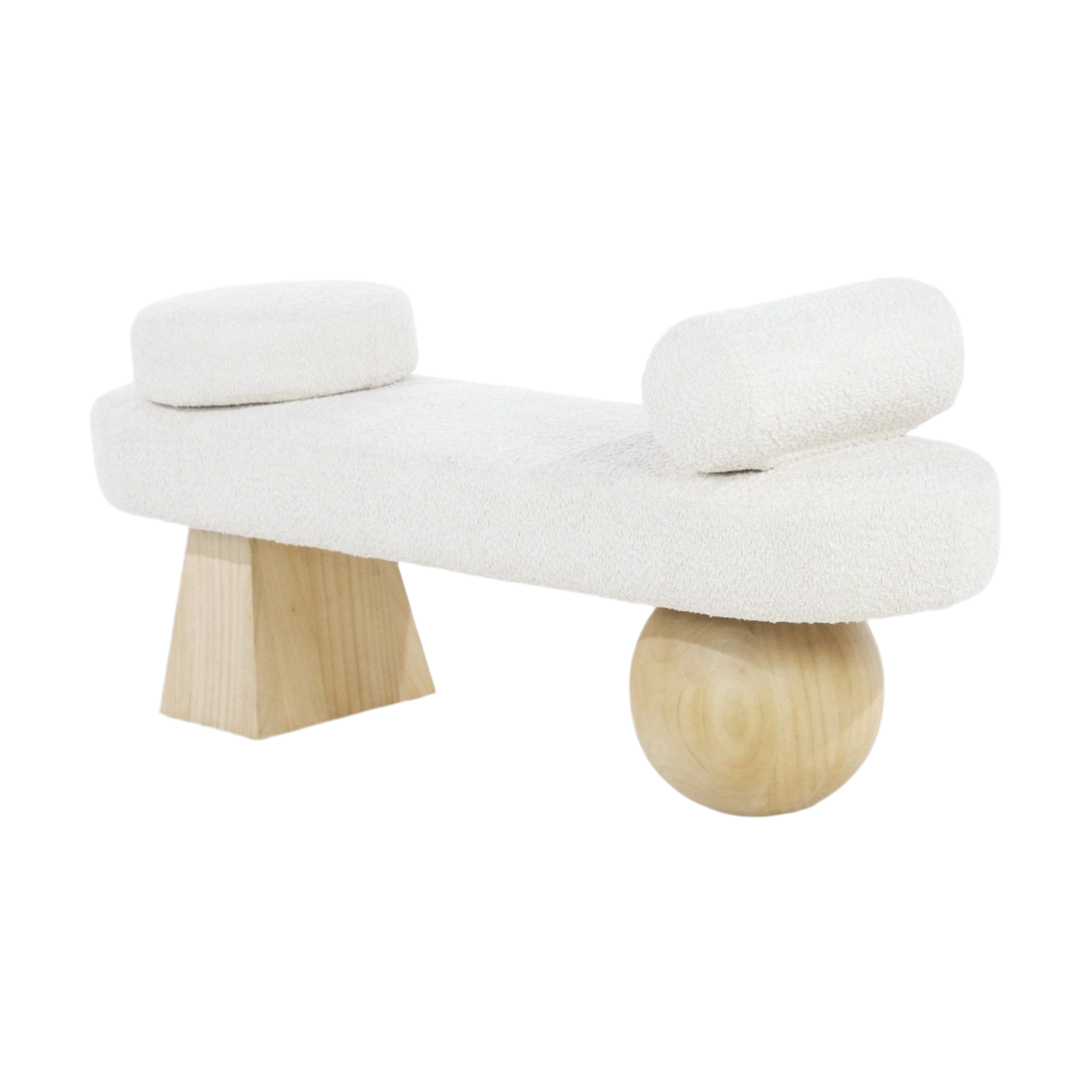 75-inch white boucle-upholstered end-of-bed bench with two rounded bolster cushions and asymmetrical natural wood legs — one spherical leg and one tapered block leg in a contemporary coastal style.