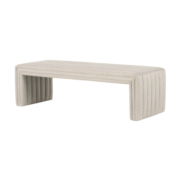75-inch natural beige boucle upholstered end-of-bed bench with U-shaped form and vertical channel tufting, low-profile silhouette on a concealed solid wood frame for coastal-modern interiors.