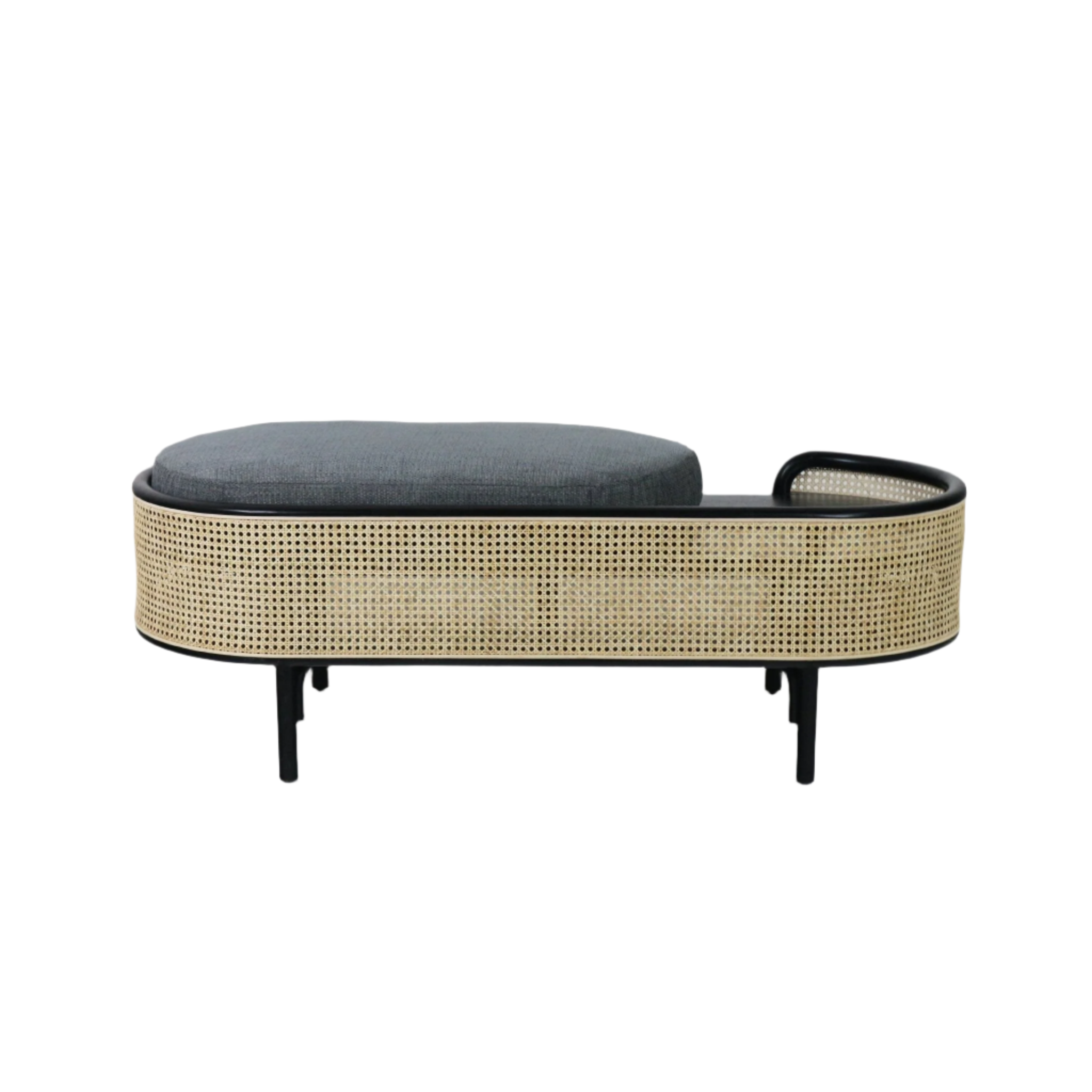 75-inch boho solid wood bench with natural rattan cane wrap, black-painted wood frame and legs, and a gray upholstered cushion offset to one side.