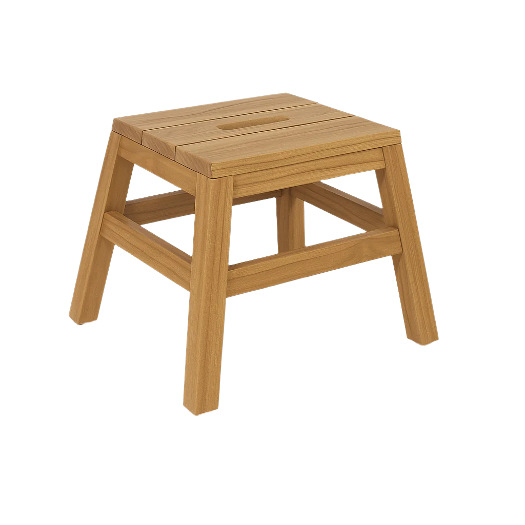 The INTERIORTONIC Berwick Teak Shower Stool is a small, light-brown stool with a compact design, four angled legs, support bars, and a rectangular seat with a center slot handle. Displayed on a plain white background.