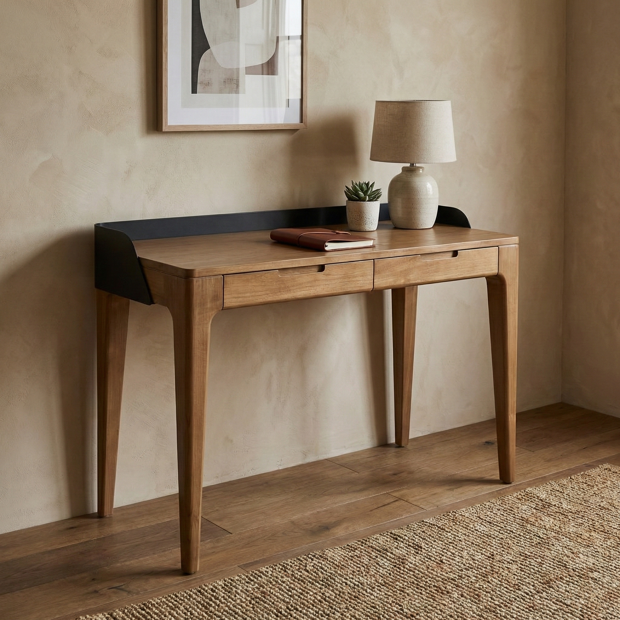 Millis Light Teak Finish with Matte Black Steel Cover Desk