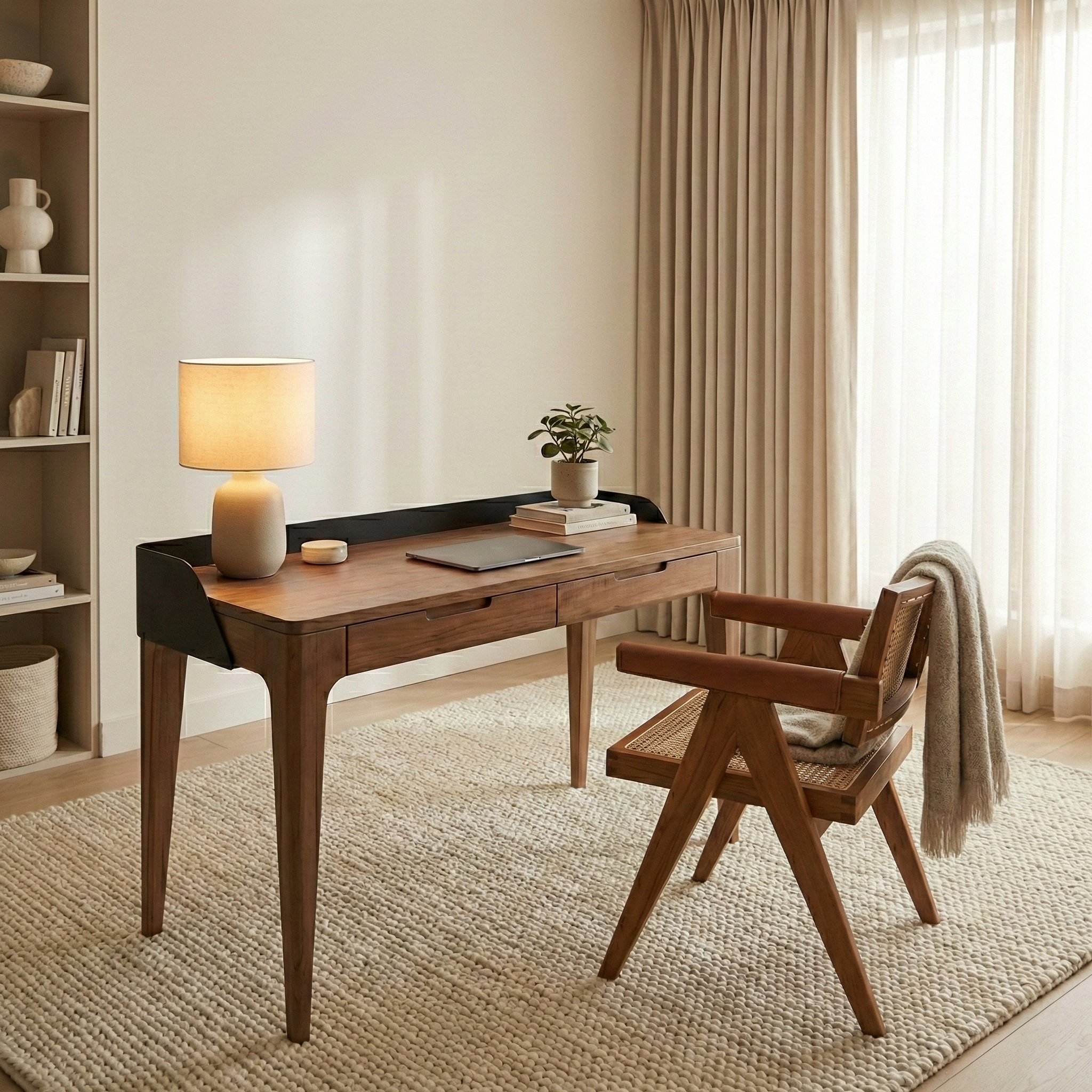 Millis Light Teak Finish with Matte Black Steel Cover Desk