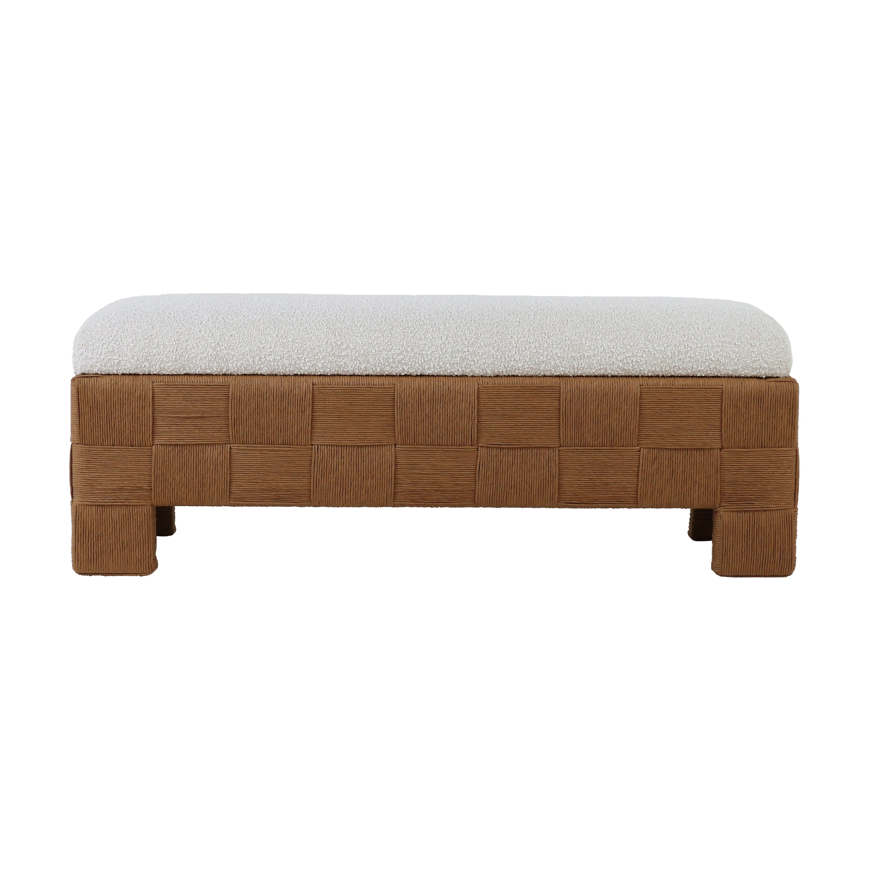59-inch boucle upholstered bench with a cream fabric cushion set on a woven natural rattan checkerboard base and short rattan feet, low-profile boho-contemporary end-of-bed or entryway bench.