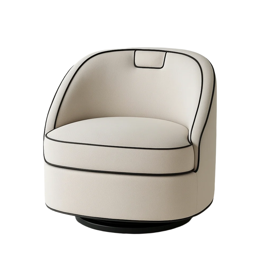 Cream fabric swivel barrel chair with a curved full back, thick cushioned seat and contrasting black piping, shown on a low black circular swivel base.