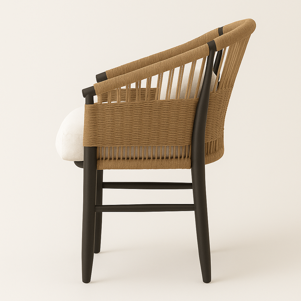 Side view of a Scandinavian-style dining chair with a natural woven barrel back, black ash frame and legs, and a cream upholstered seat cushion.