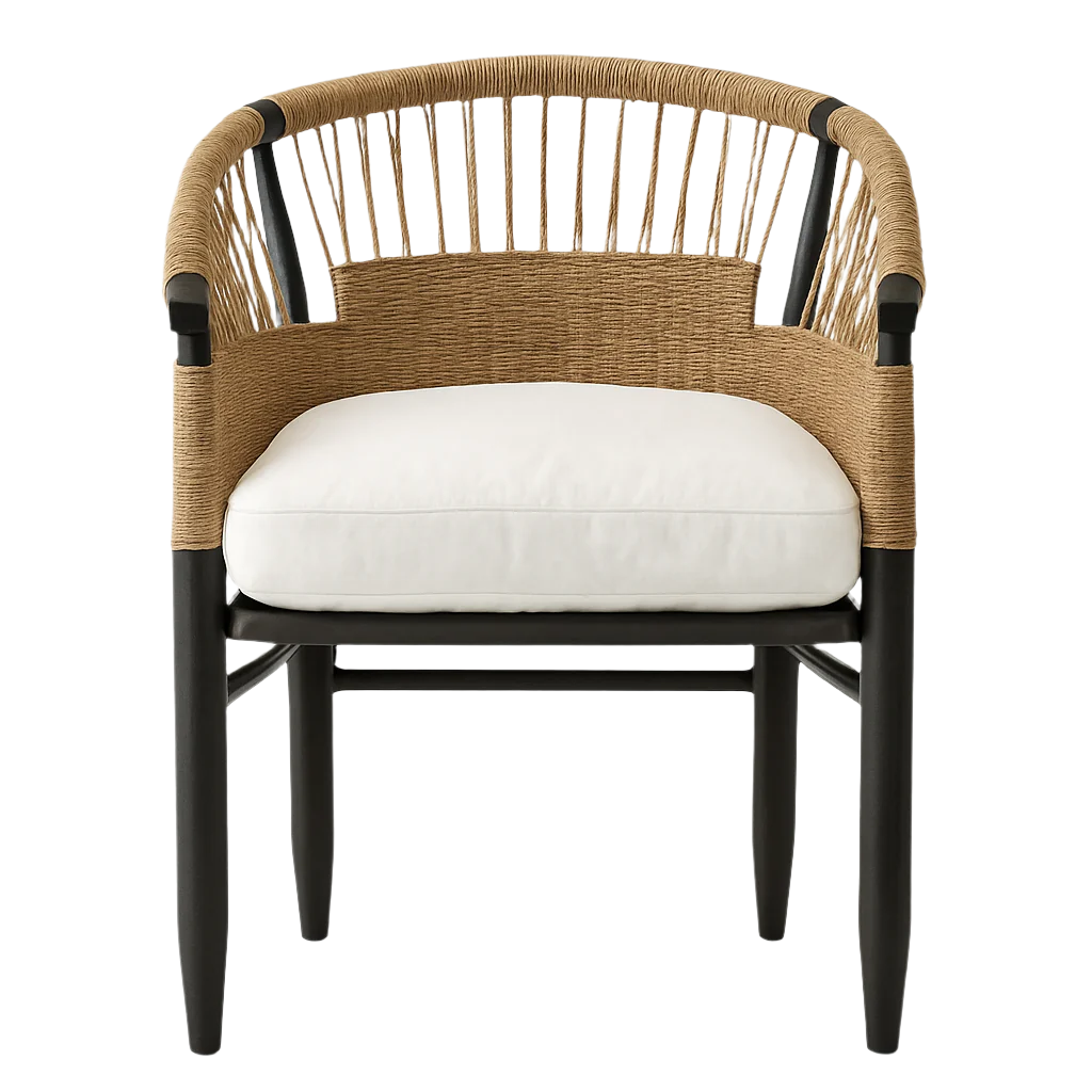 Front view of a Scandinavian-style dining chair featuring a natural woven rope barrel back wrapped around a black ash wood frame and a plush white upholstered seat cushion.