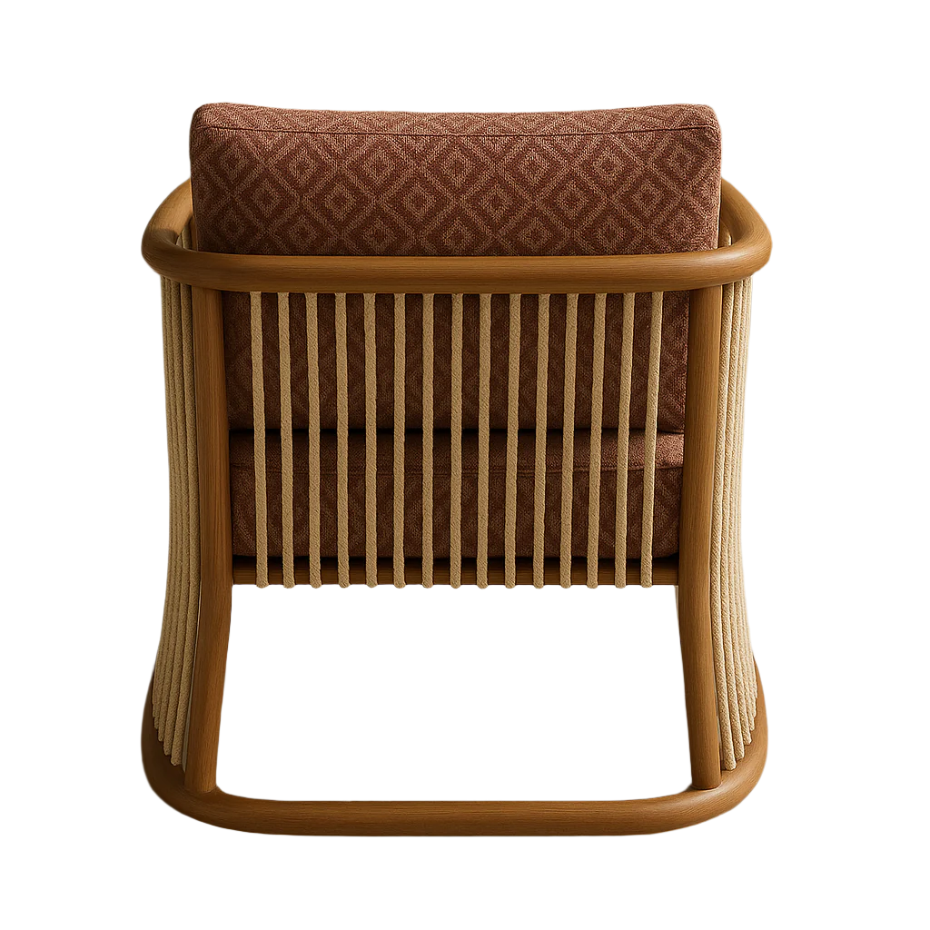 Rear view of a modern accent lounge chair with a curved natural wood frame, vertical woven rope slats and a cushioned brown patterned fabric back.