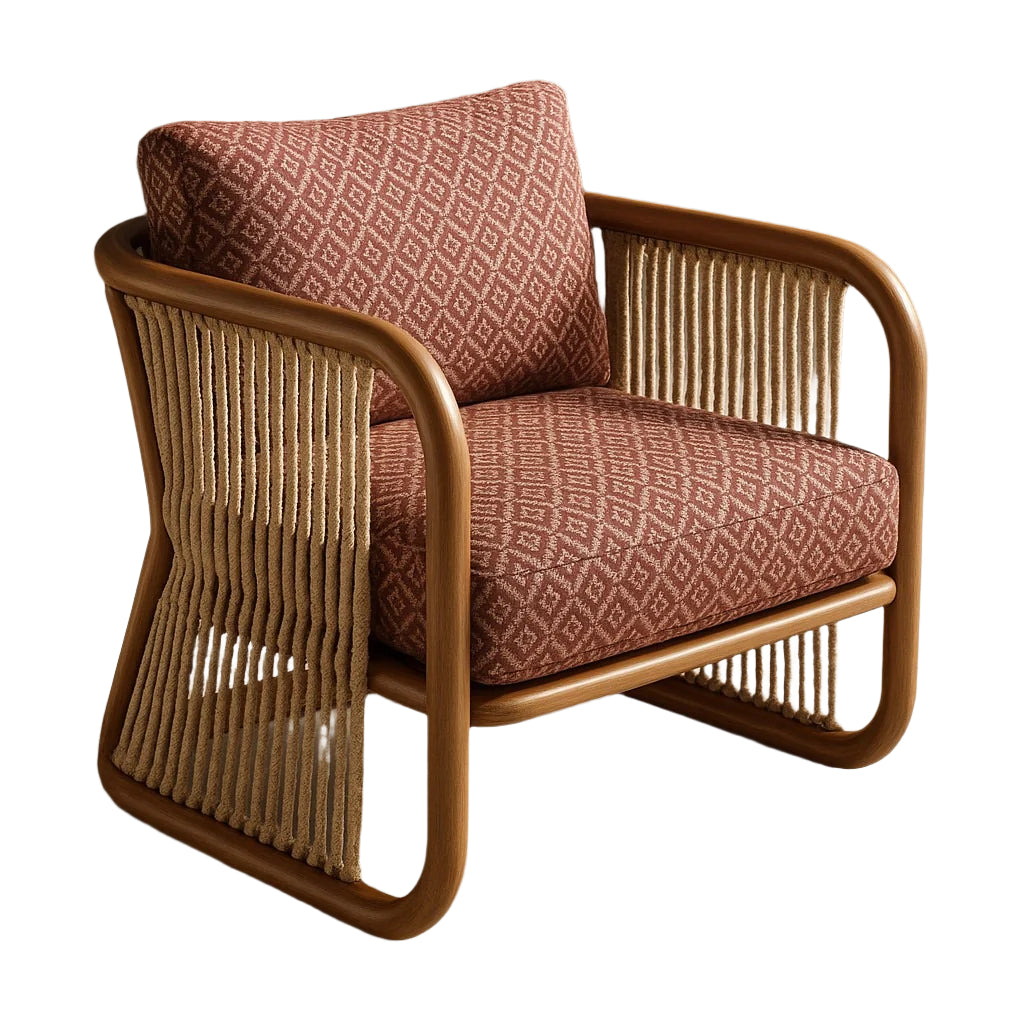 Modern accent lounge chair with a curved natural wood frame, woven beige rope side panels, and rust-brown patterned fabric seat and back cushions.