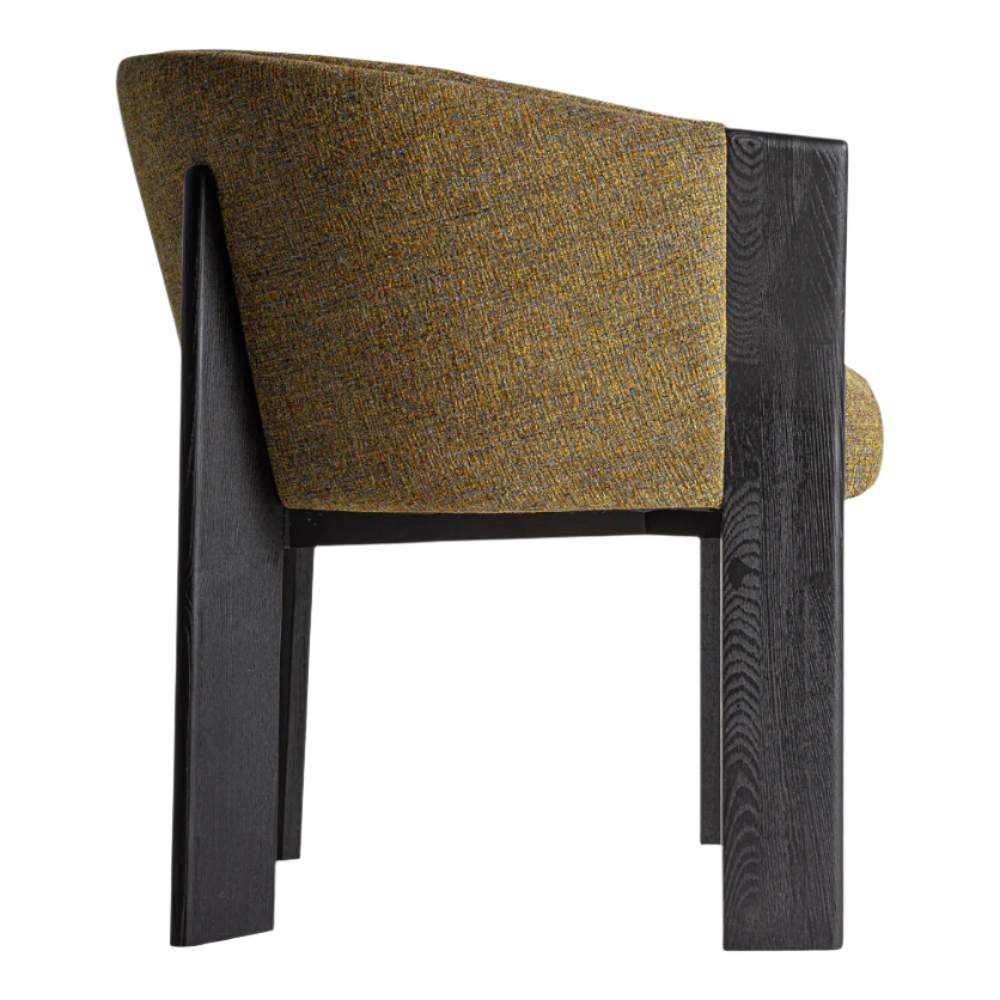 Rear view of a modern dining chair with black-stained oak legs and frame supporting a curved, yellow-olive tweed performance fabric seat and back.