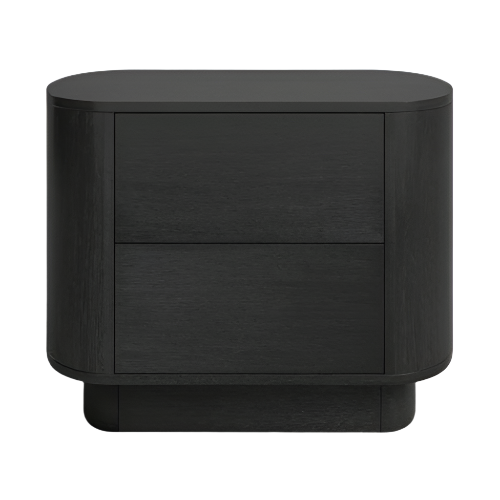 Black solid wood nightstand with rounded edges and two flat-front drawers, minimalist modern-contemporary design on a recessed plinth base with smooth matte finish.
