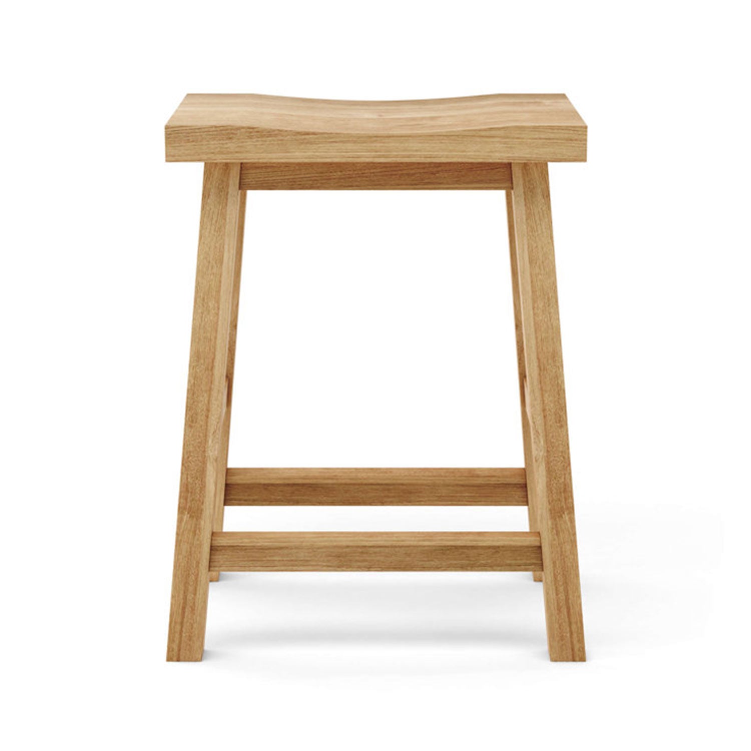 Rectangular backless teak bar stool with a gently contoured seat, four angled legs and two horizontal footrest rails in a natural teak finish.