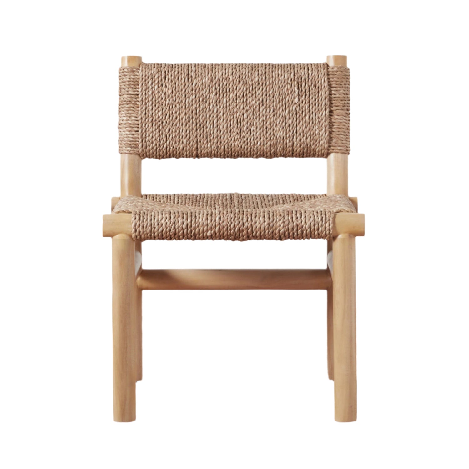 Front view of a natural teak outdoor dining chair with woven synthetic rope seat and low woven back, armless solid wood frame in a natural teak finish for a coastal contemporary look.