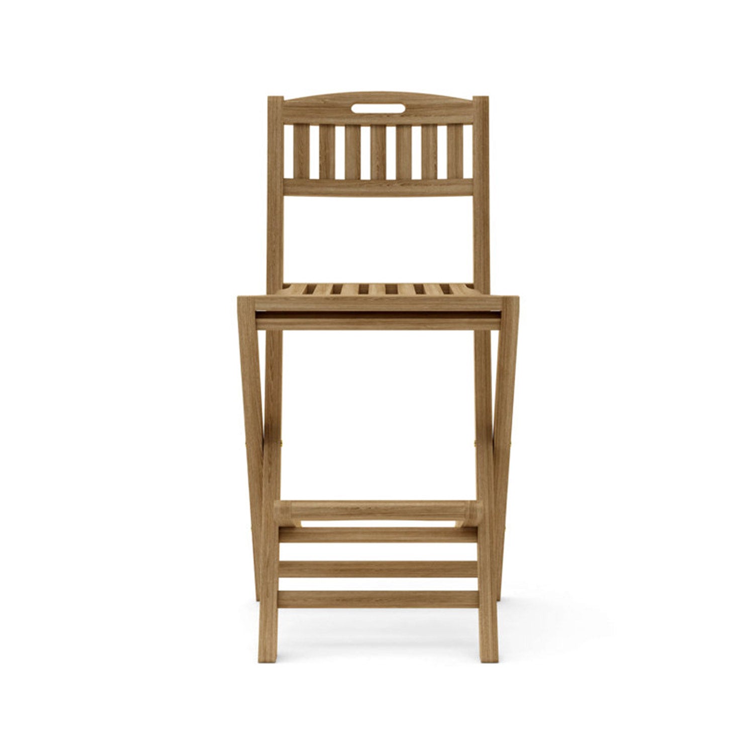 Front view of an armless folding teak outdoor bar stool with slatted seat and back, natural teak finish, integrated slatted footrest and coastal solid-wood construction.