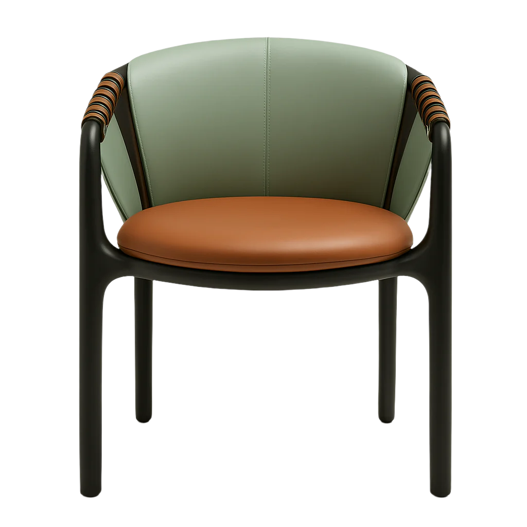 Front view of a modern dining chair with a black wood frame, sage green leather barrel back, round cognac leather seat cushion and curved arms with wrapped leather accents.