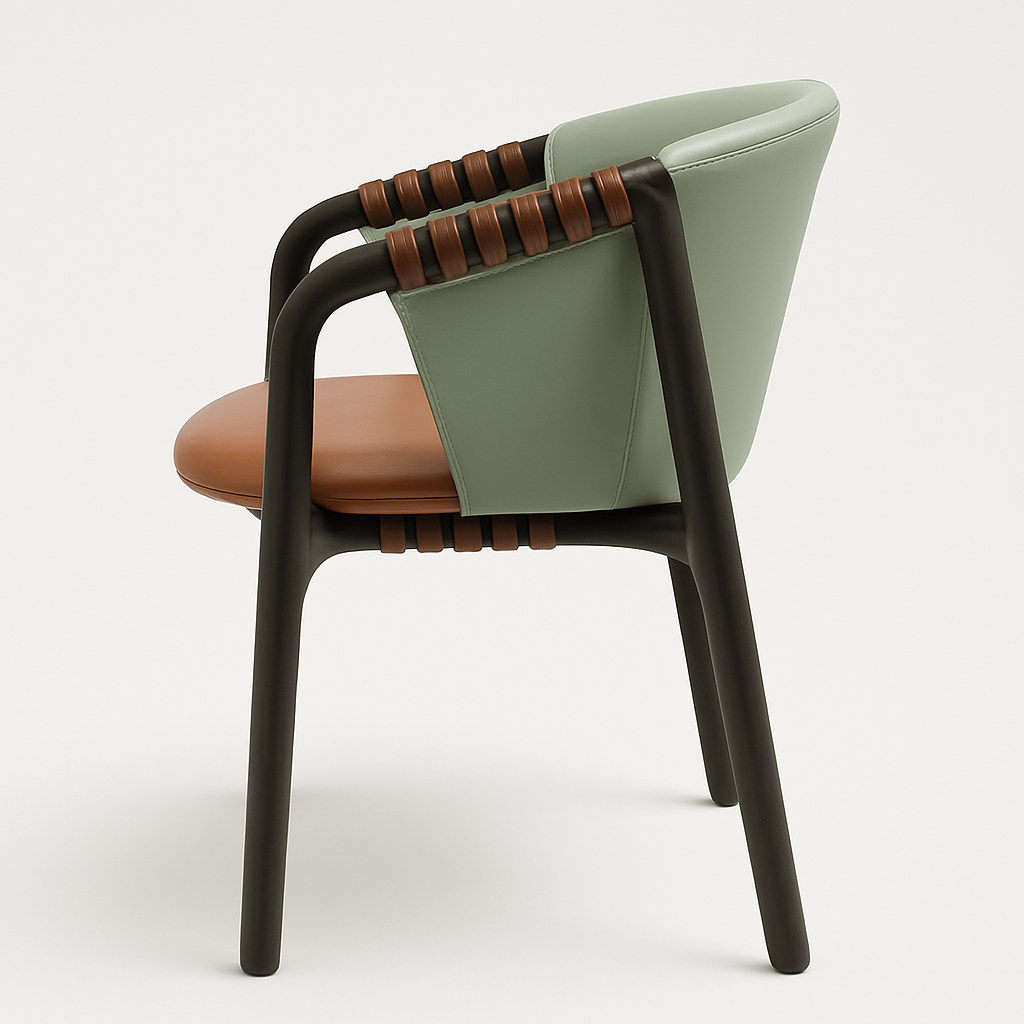 Side view of a modern dining chair with a sage-green leather curved back, tan leather seat, and dark wood frame with brown leather-wrapped arm and under-seat strap accents.