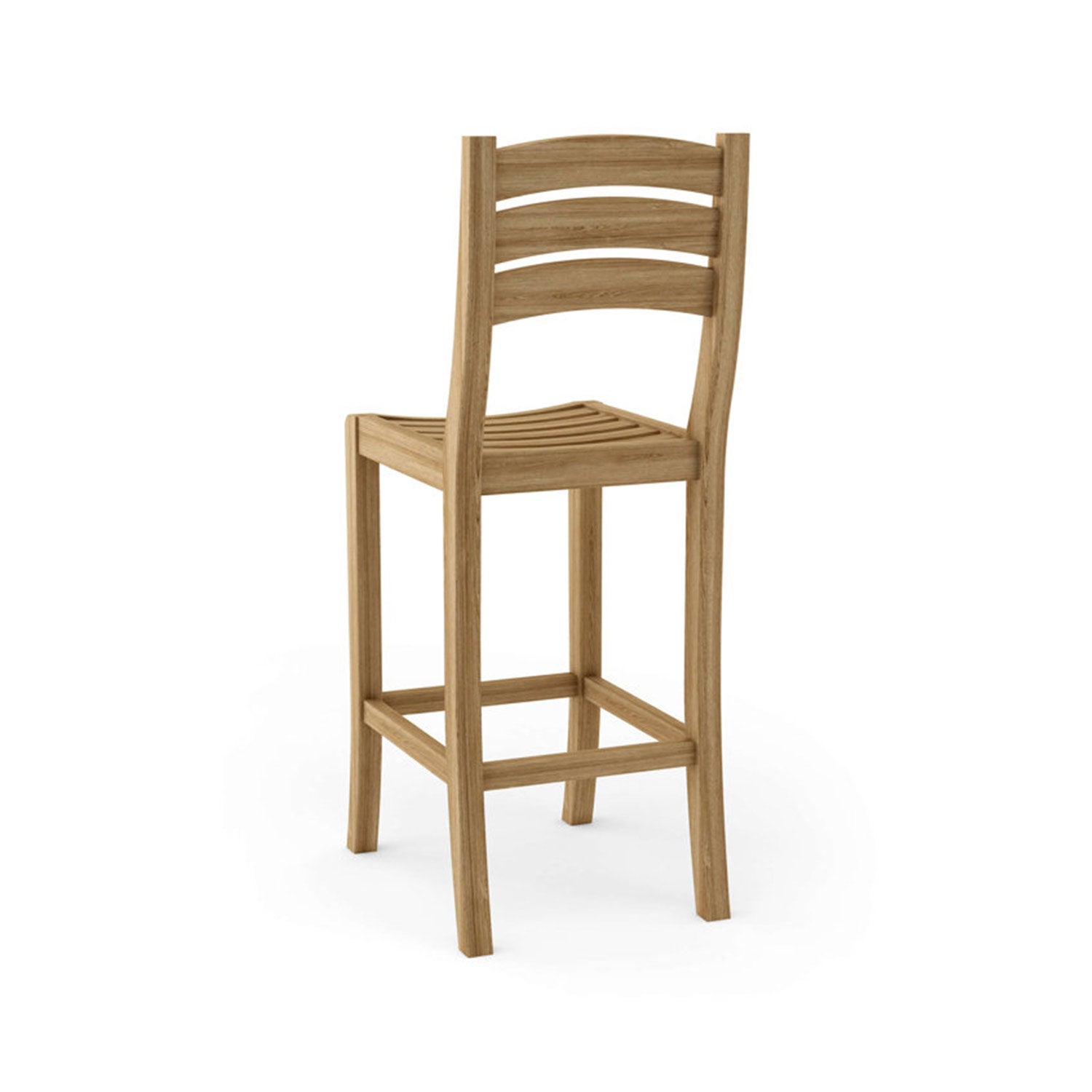 Armless teak outdoor bar stool with slatted seat, curved three-slat ladder back and solid wood square footrest rails in a natural teak finish, ideal for coastal patio seating.