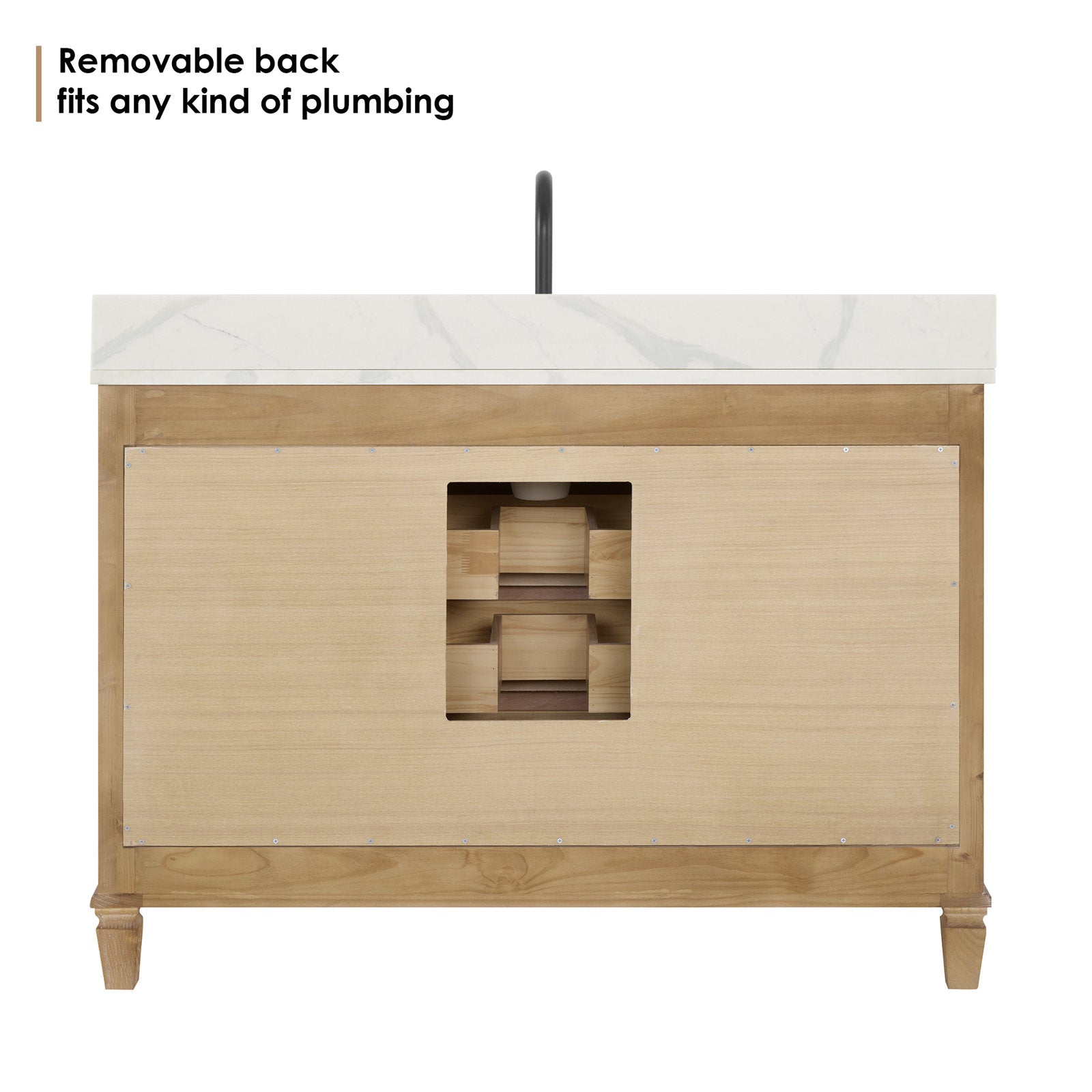 Rear view of a 48-inch weathered fir single-sink bathroom vanity with Calacatta white quartz top, removable back panel cutout revealing plumbing access and interior wooden supports and channels.