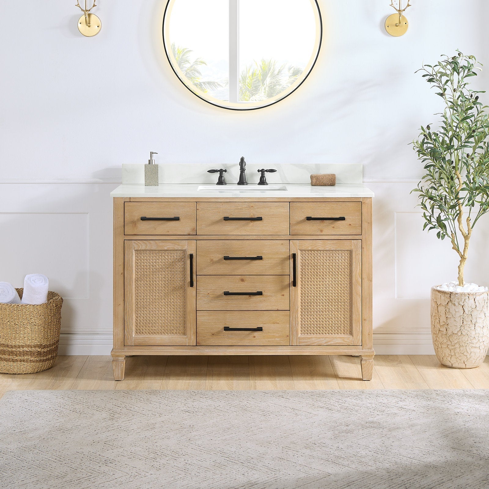 48-inch freestanding single-sink bathroom vanity in weathered fir with woven cane door panels, black metal hardware and a Calacatta white quartz countertop with undermount sink and dark faucet.