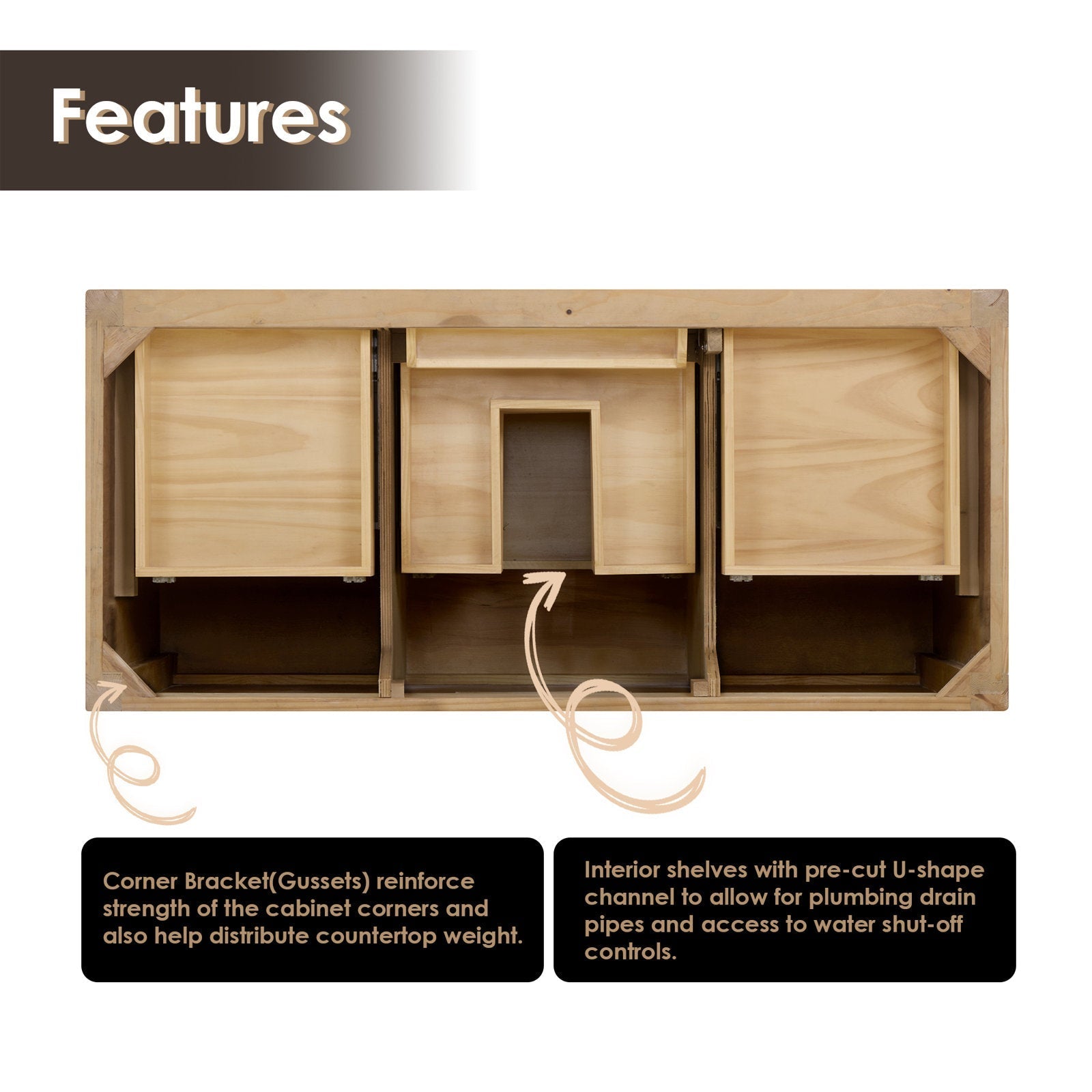 Top-down view of the weathered fir wood interior of a 48-inch single-sink bathroom vanity showing three compartments, corner gusset brackets and a pre-cut U-shaped channel for plumbing and drain access.