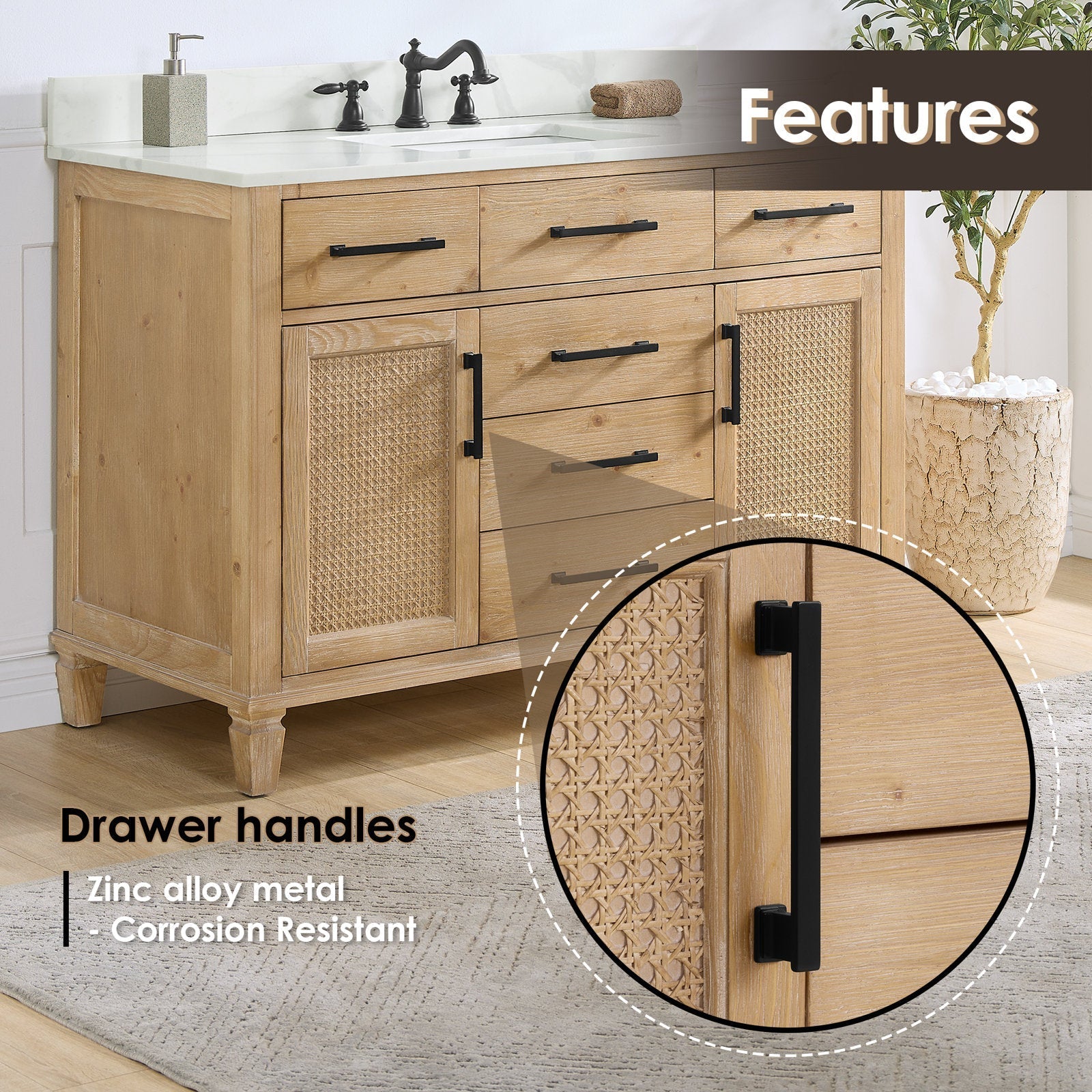 48-inch weathered fir single-sink bathroom vanity with Calacatta white quartz countertop, woven cane door panels, tapered legs and matte black zinc-alloy bar handles shown with a close-up of the corrosion-resistant pulls.