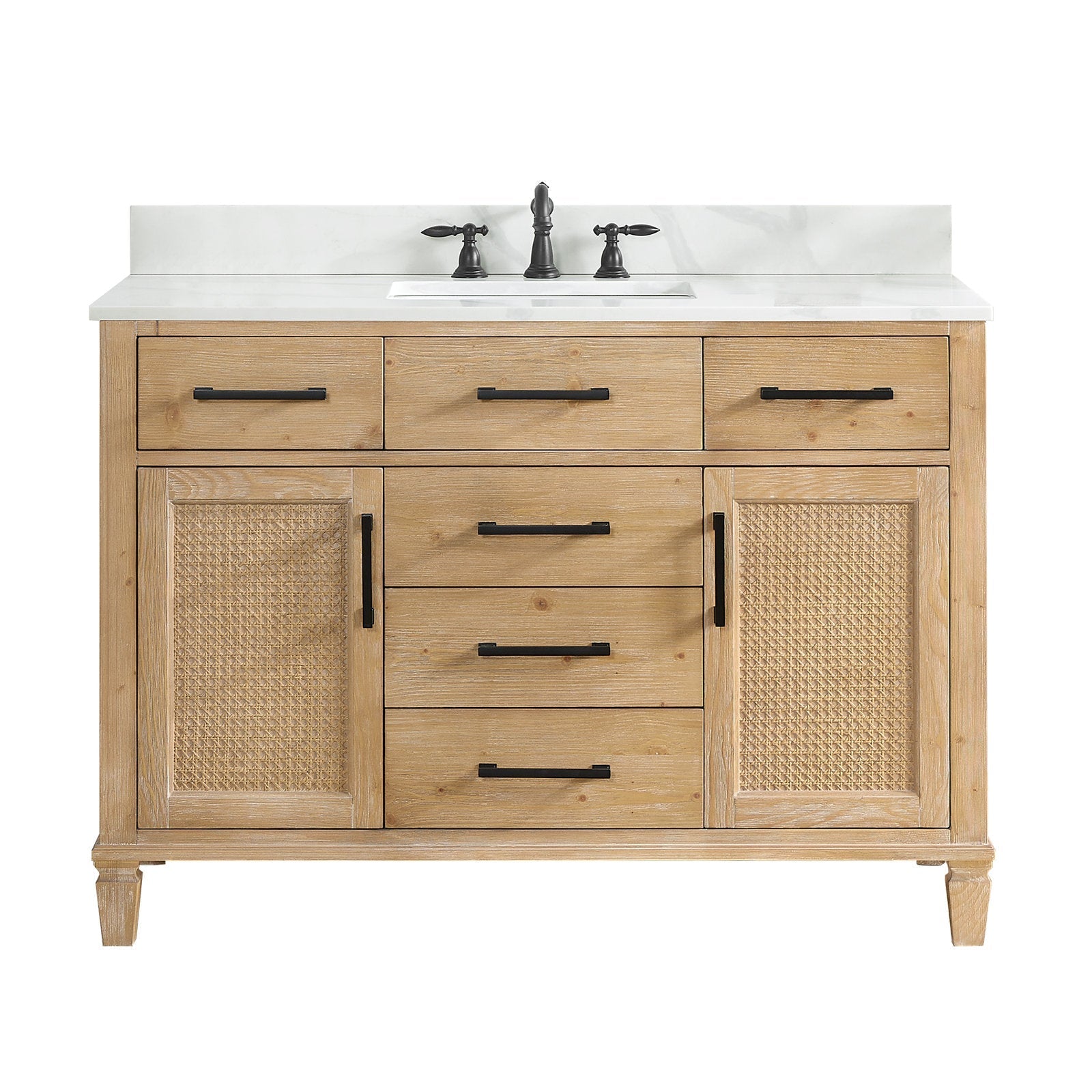 48-inch weathered fir single-sink bathroom vanity with Calacatta white quartz top and backsplash, white rectangular undermount sink, black faucet and matte-black hardware, cane-front doors, central drawers and tapered legs.