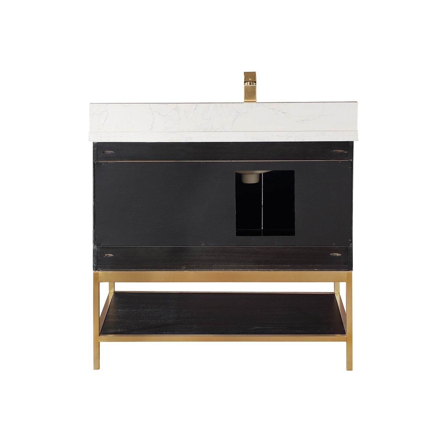 Front view of a modern 36-inch freestanding single-sink vanity with a white stone top, black solid wood cabinet with visible plumbing cutout, gold metal frame and open lower shelf with a gold-tone faucet.