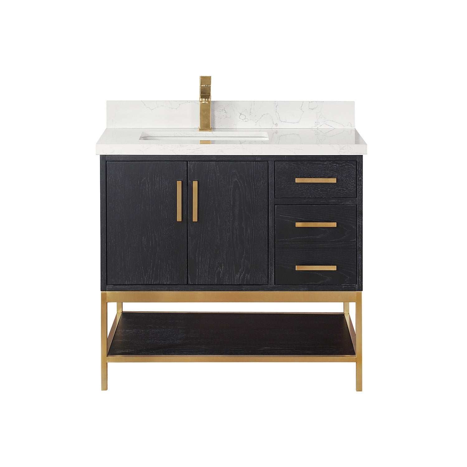 36-inch modern single-sink bathroom vanity with white stone countertop and integrated rectangular sink, black solid wood cabinet showing wood grain, brass metal handles and frame, three drawers, cabinet doors and open lower shelf.