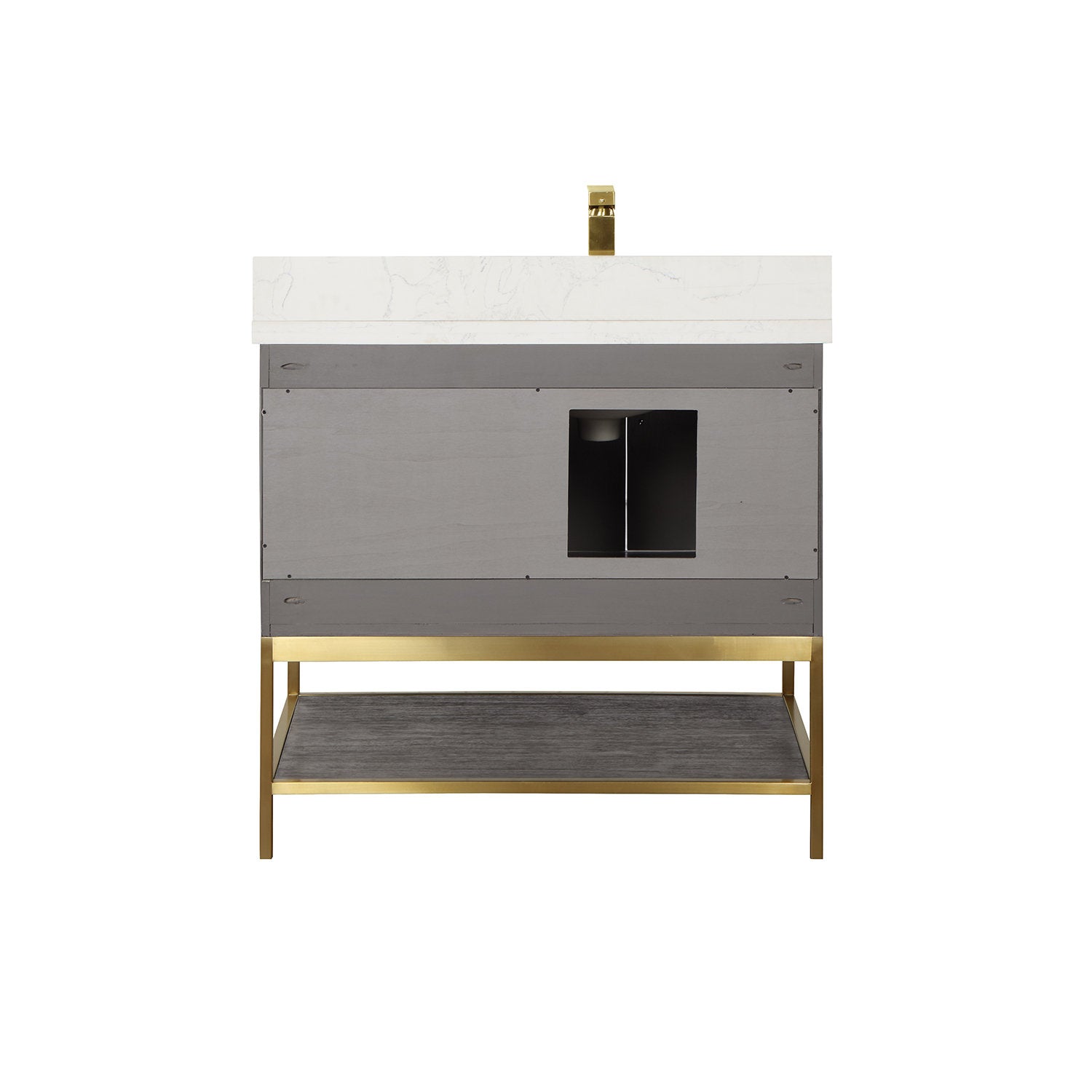 Front view of a 36-inch modern single-sink vanity with a white stone countertop and brass faucet, gray solid-wood cabinet with central plumbing cutout, and an open dark-wood lower shelf on a brass metal base.