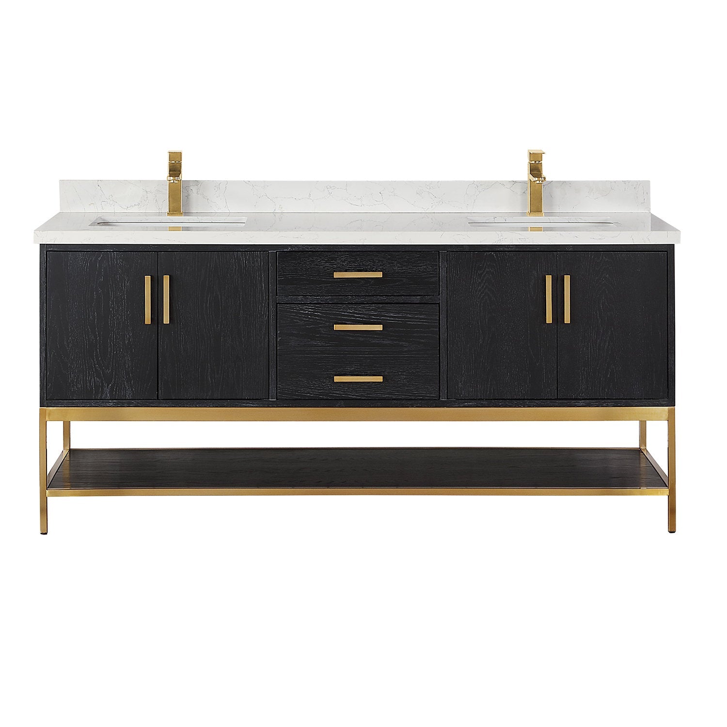 72-inch modern solid wood double-sink bathroom vanity with white stone countertop and low backsplash, dark stained wood cabinet, gold-tone faucets and hardware, three center drawers and an open lower shelf.