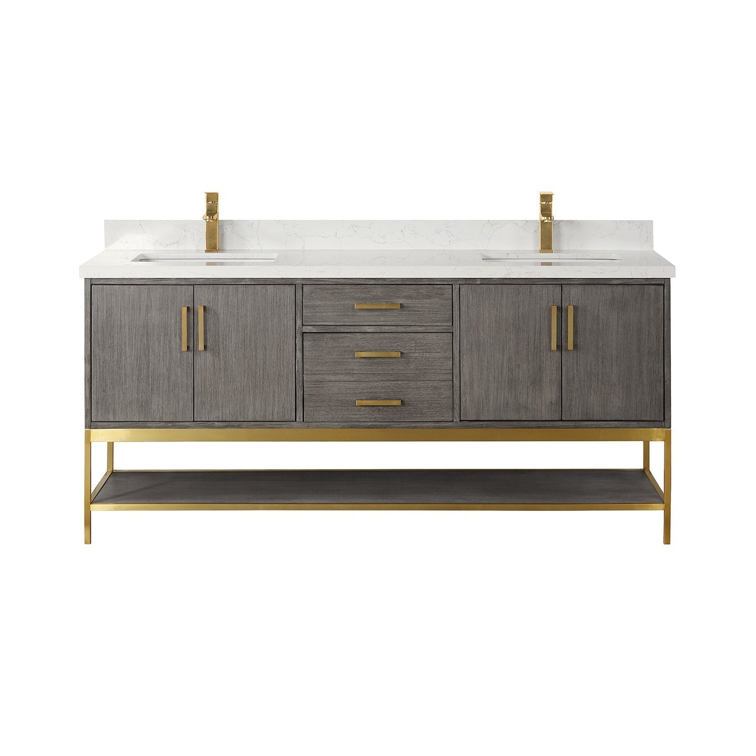 72-inch modern solid wood double-sink vanity in a stone finish with white stone countertop, integrated undermount sinks, gold faucets and hardware, three center drawers, two cabinets and a gold metal open shelf base.