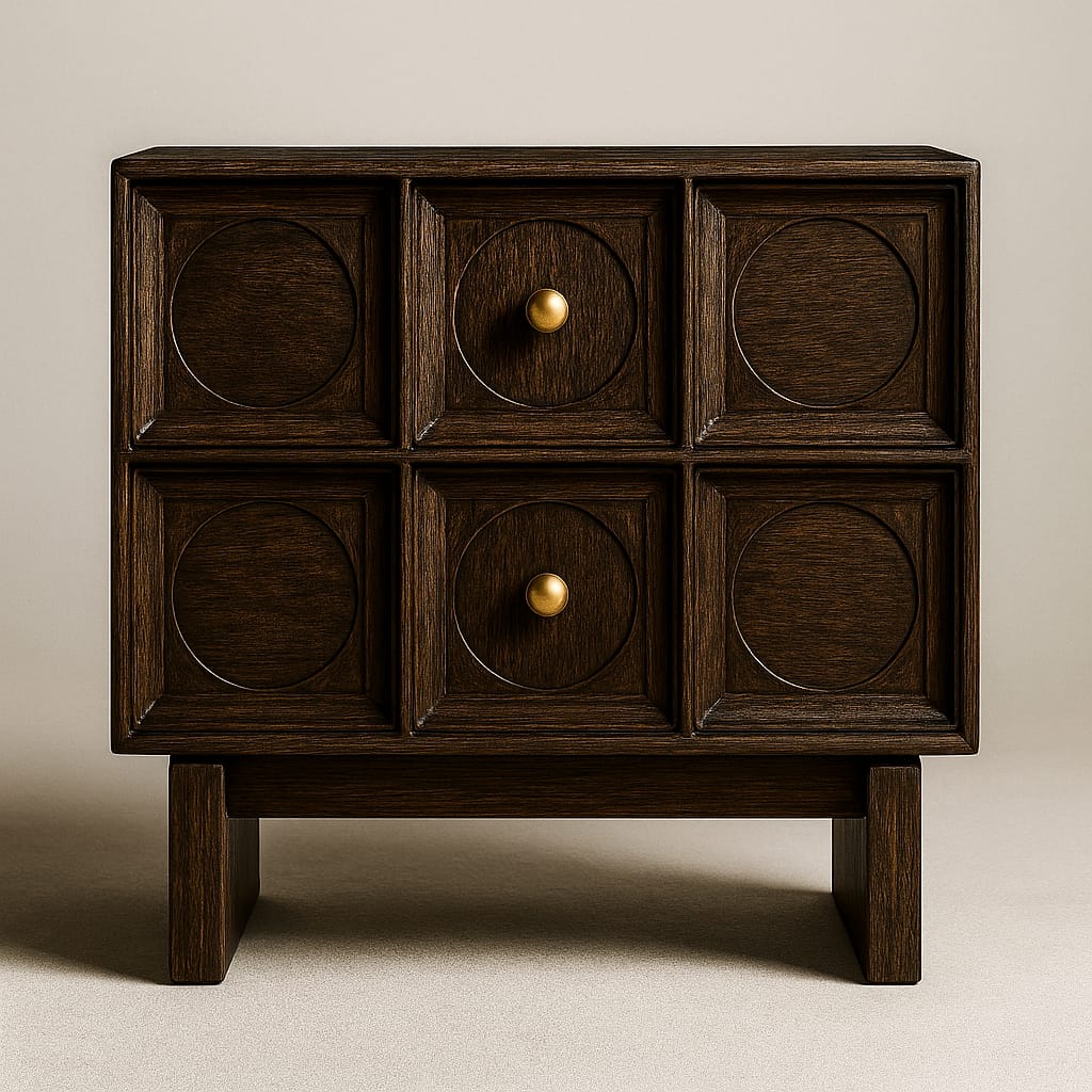 Dark walnut solid wood nightstand with six recessed square panels and circular insets, two brass knobs on the stacked drawers, and short block legs in a contemporary glam style.