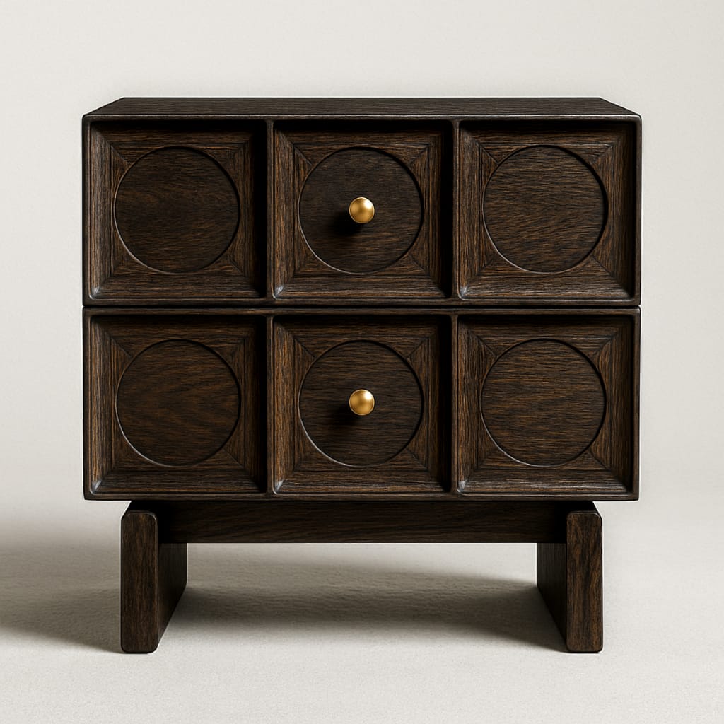 Dark walnut solid-wood nightstand with two stacked drawers, each drawer front featuring three recessed circular panels, two small brass round knobs, and short block legs in a contemporary glam style.