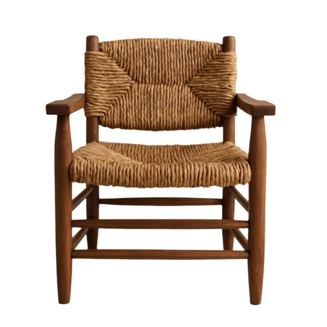 Front view of a rustic solid wood dining armchair with woven natural-fiber seat and backrest, tapered legs and wide wooden armrests in a warm brown finish.