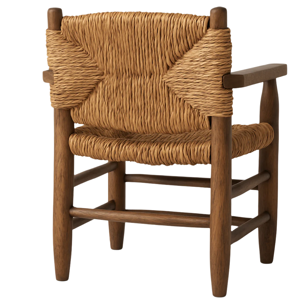 Front three-quarter view of a rustic brown solid wood dining chair with a natural woven seat and back, rounded legs and short wooden arms on a white background.