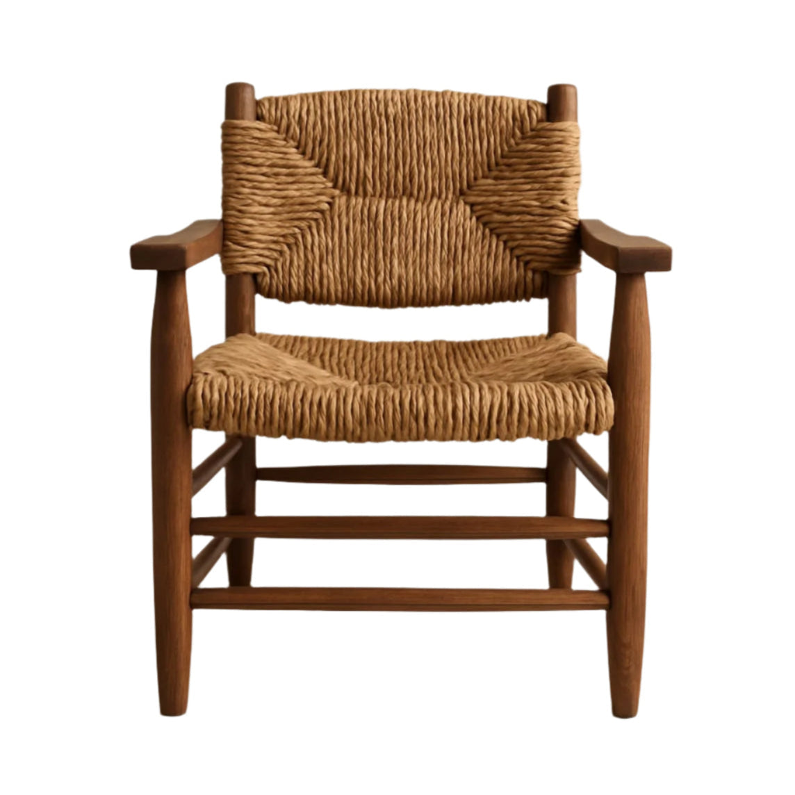 Rustic solid wood dining armchair in warm brown with a hand-woven natural fiber seat and back, sculpted wooden arms and sturdy stretcher supports beneath the seat.