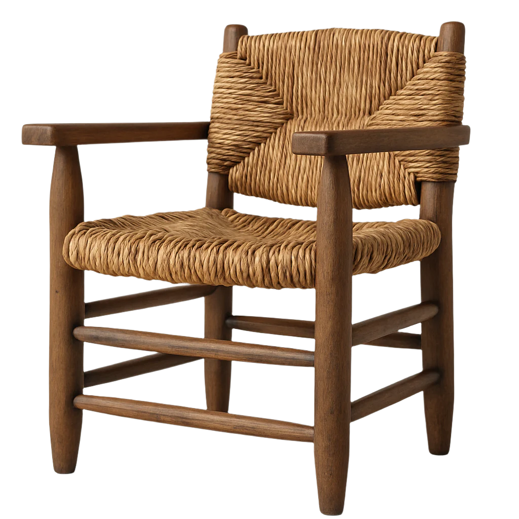 Rustic dining armchair with a solid natural wood frame in warm brown and a tightly woven natural fiber seat and back, featuring straight wooden arms and sturdy tapered legs.