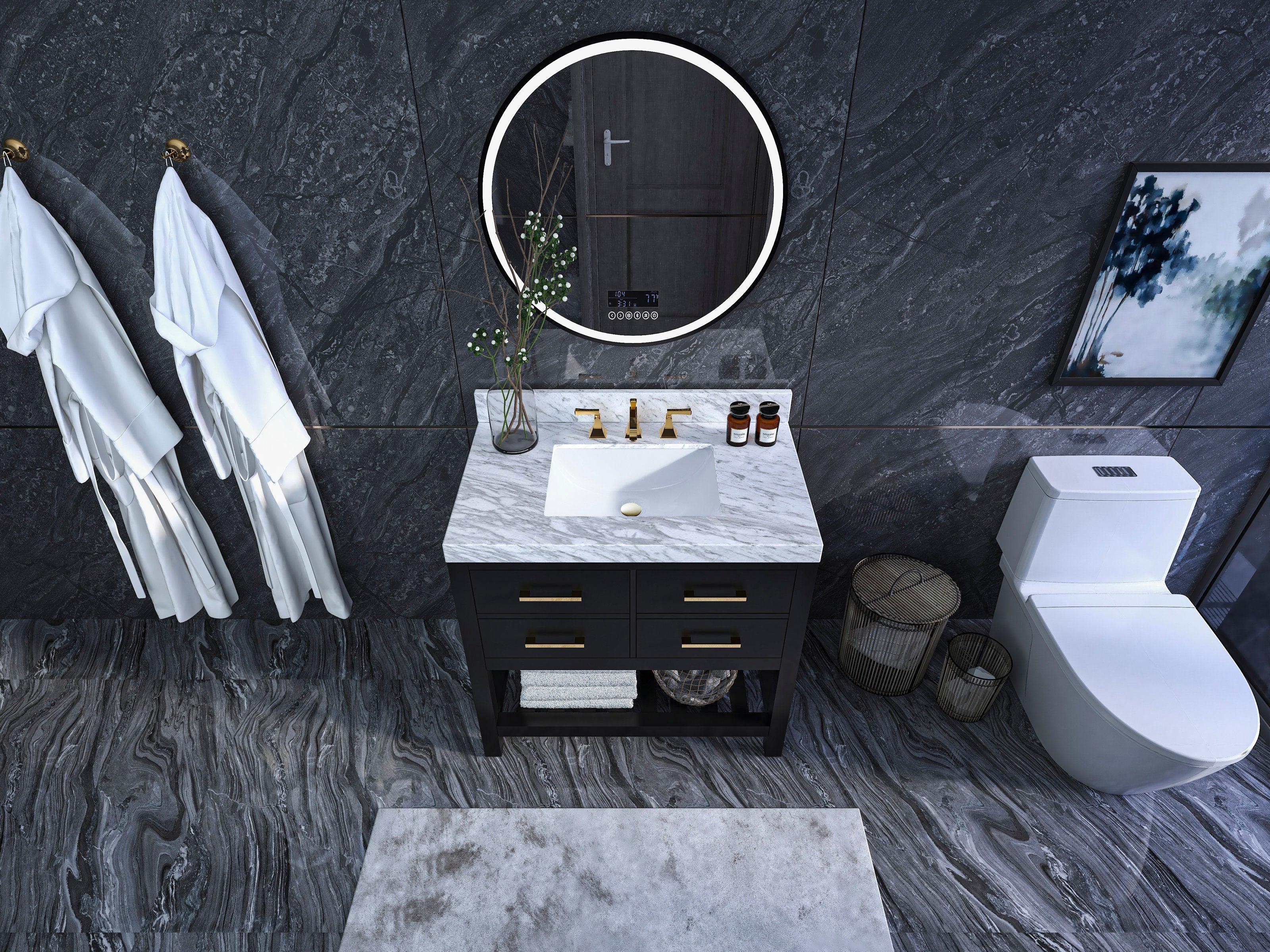 Modern 36-inch solid wood black single-sink vanity with a white rectangular undermount sink in a marble stone top, gold faucet and drawer pulls, open towel shelf, round illuminated mirror and dark stone walls and floor.