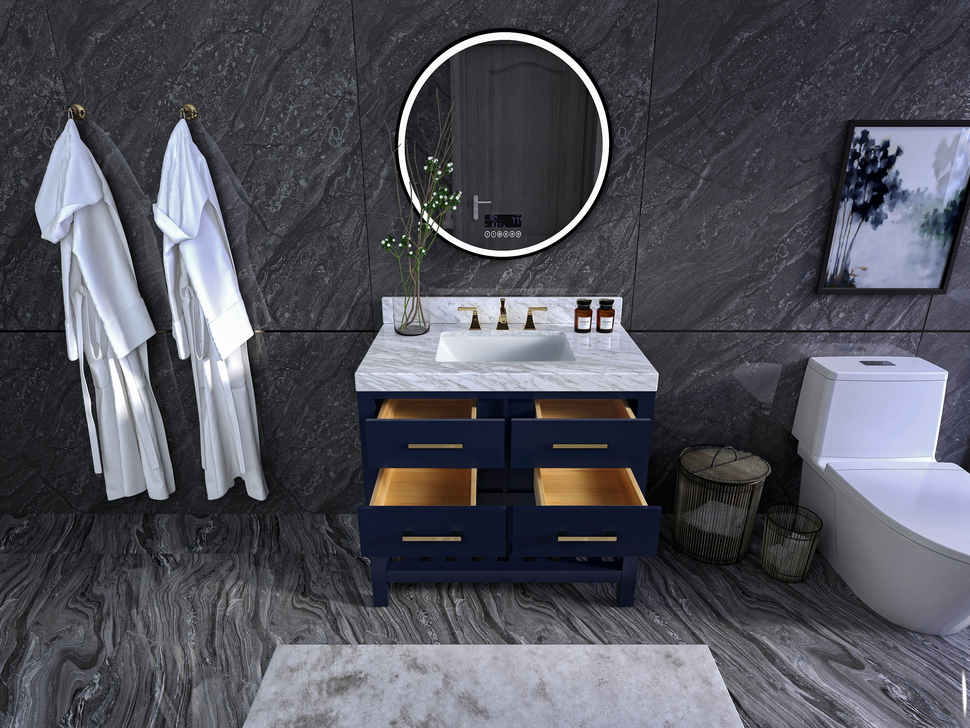 36-inch modern solid wood single-sink vanity with a stone marble top, navy painted freestanding base, four open drawers with brass pulls, rectangular undermount ceramic sink and brass faucet, set against dark stone tile with round mirror.