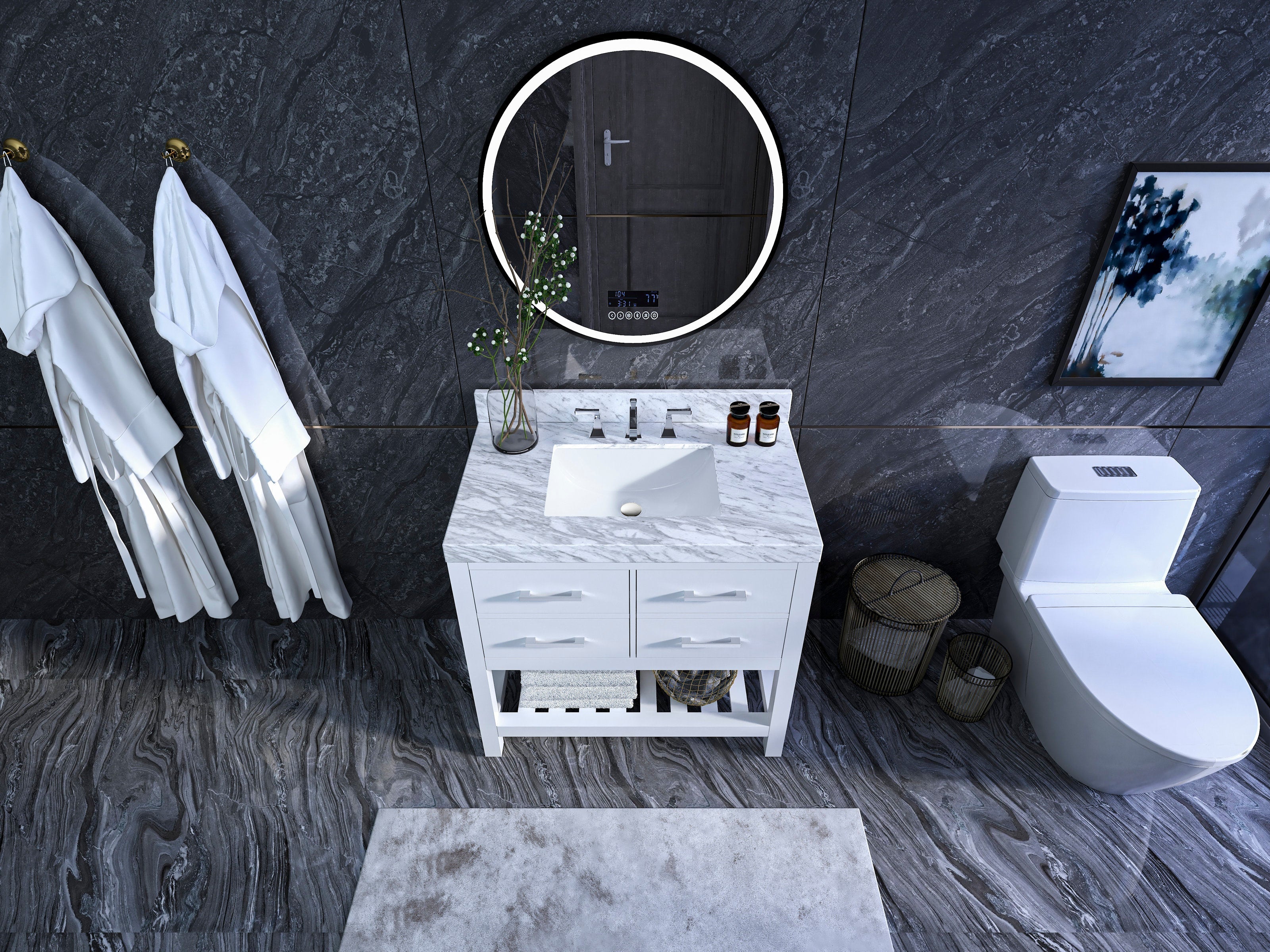 Overhead view of a modern solid wood single-sink vanity with white finish and stone marble top, rectangular undermount sink and chrome faucet, round LED mirror above, dark stone wall, robes hanging left and a toilet with baskets to the right.